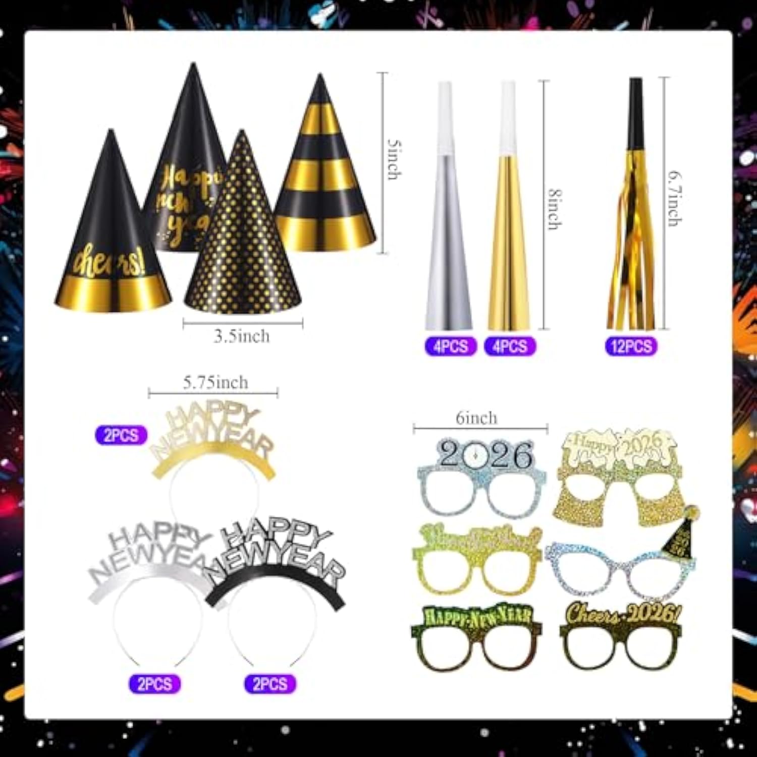 36 Pcs 2026 New Year Party Kit Hats, Noisemakers & Accessories
