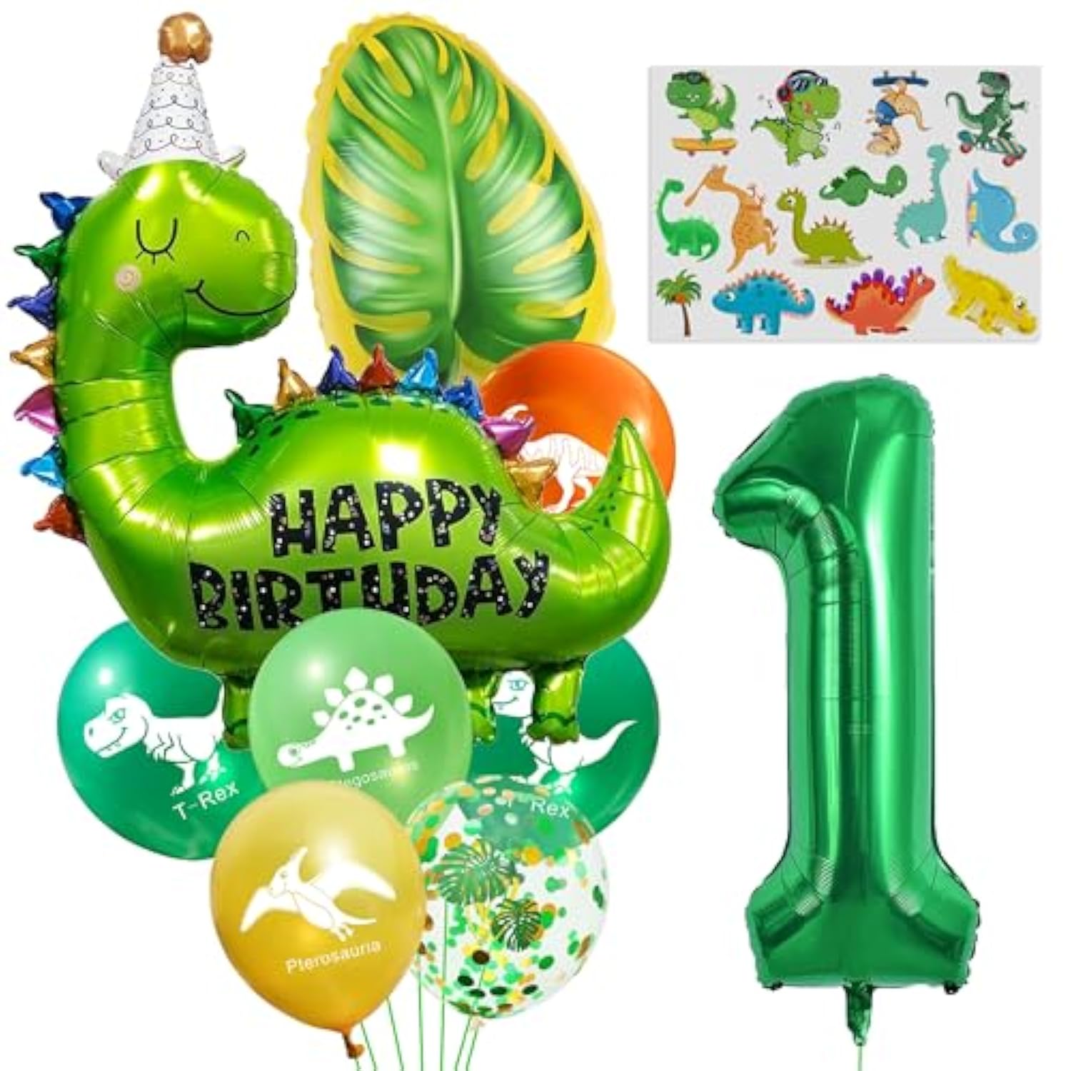 Green Dinosaur 1st Birthday Decor Set with Balloons & Tattoos for Kids