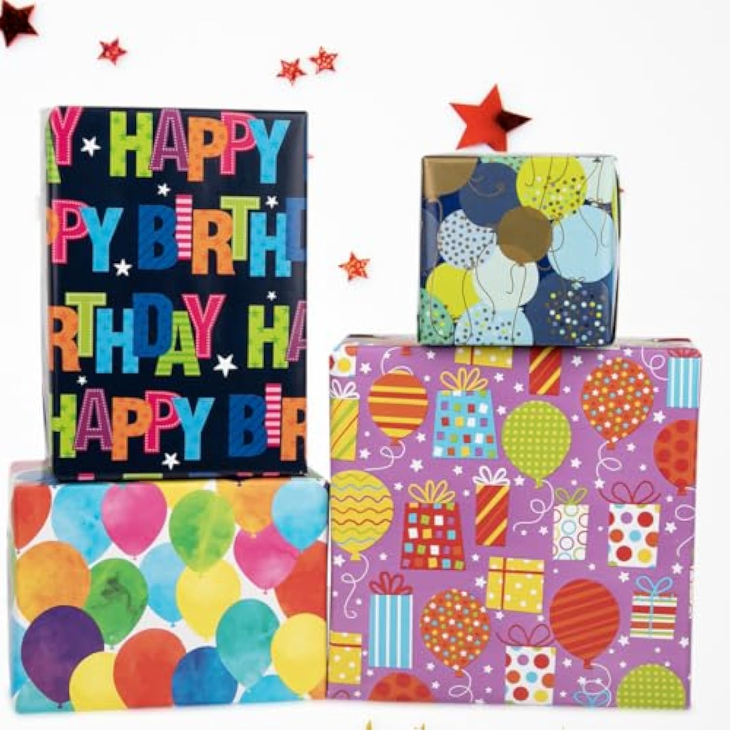 4 Rolls Birthday Gift Wrap - 17"x118" Each for Party, Holiday, Baby Shower