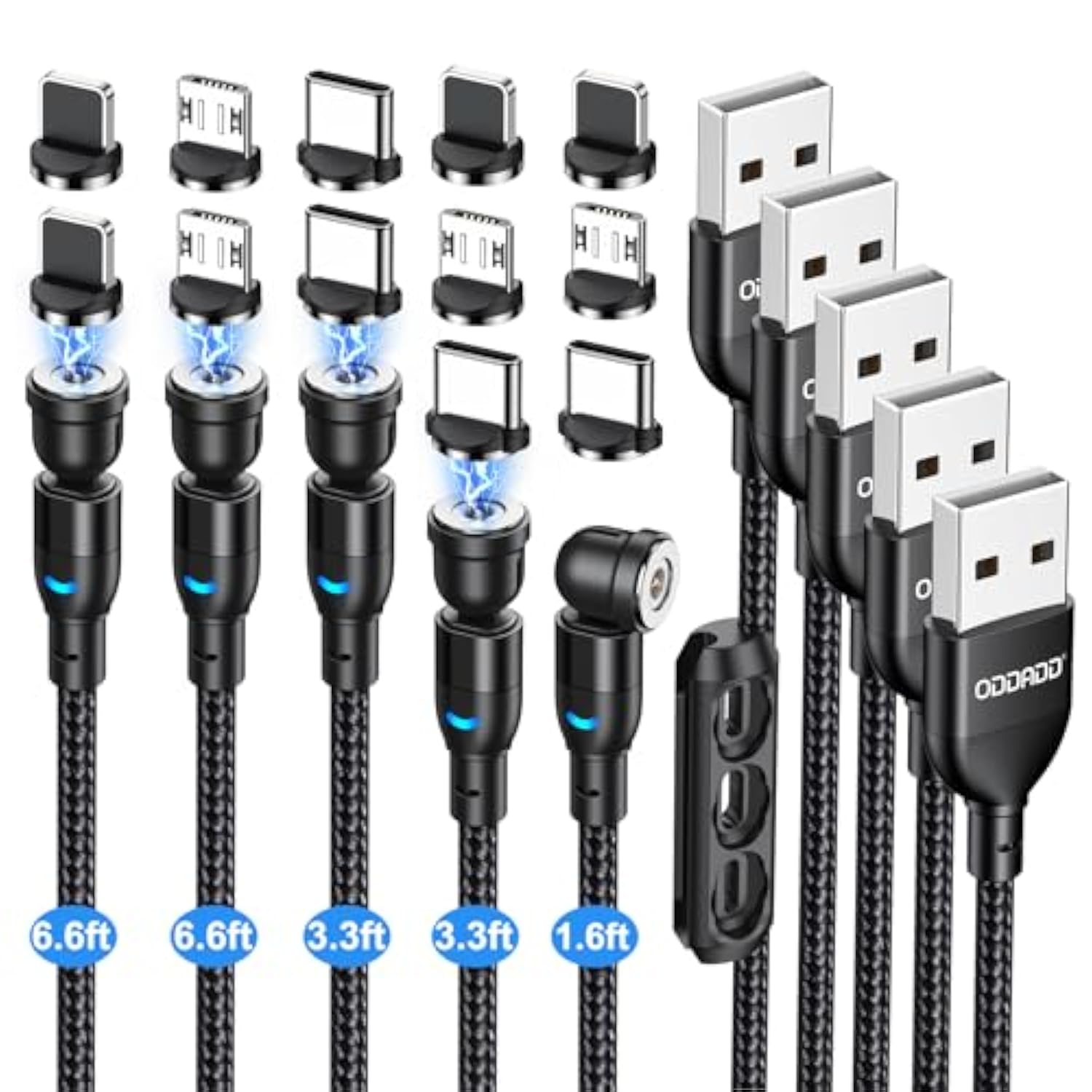 Magnetic Charging Cable 5-Pack (1.6/3.3/3.3/6.6/6.6Ft), 540° Rotating Magnetic