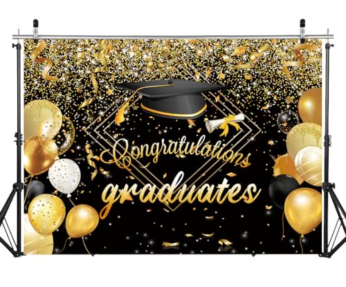 7X5FT Black Congrats Graduation Backdrop Class of 2024 Photography Background Gold Bachelor Cap Celebration Party Decorations Banner Picture Photo Booth DH-603