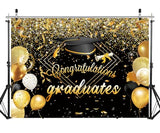 7X5FT Black Congrats Graduation Backdrop Class of 2024 Photography Background Gold Bachelor Cap Celebration Party Decorations Banner Picture Photo Booth DH-603
