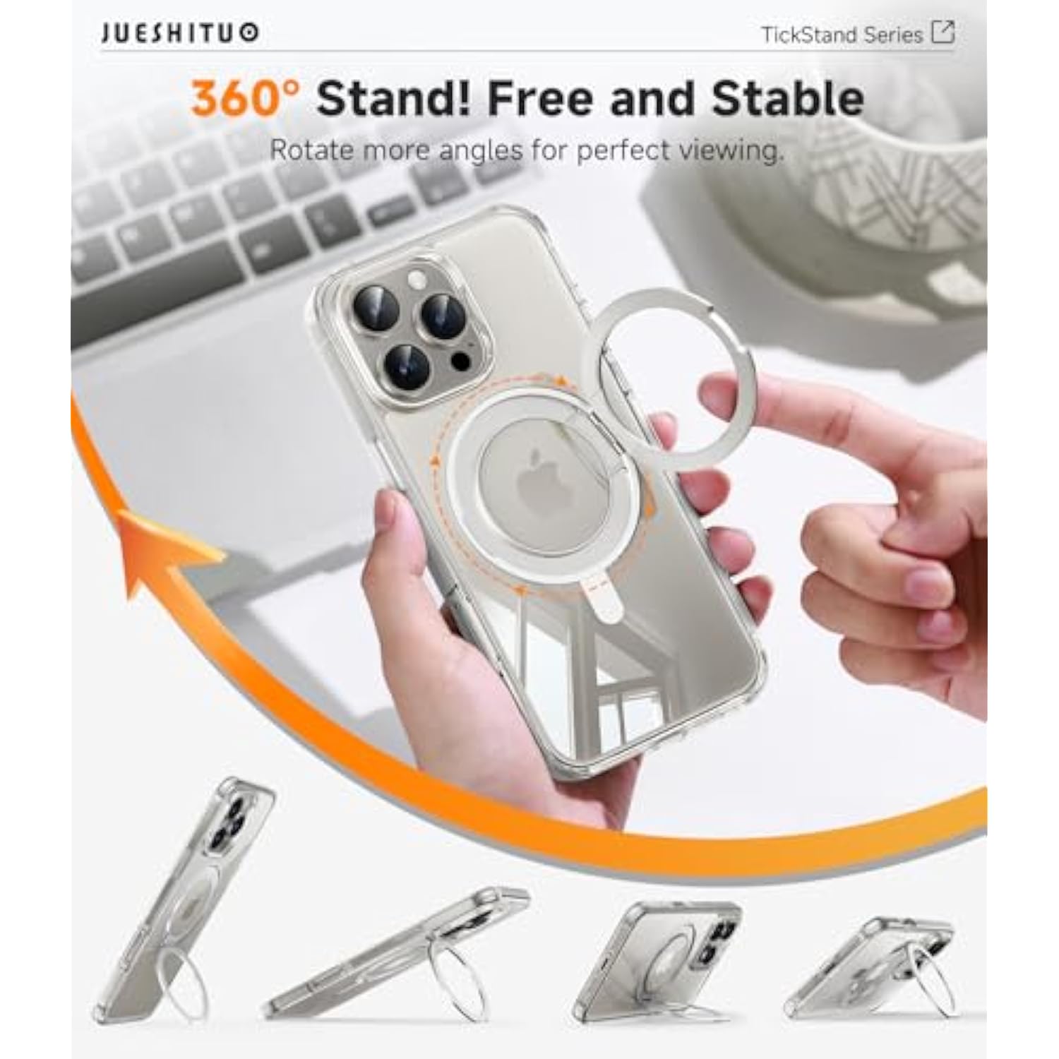 3 In 1 For 16 Pro Max Case, [Non-Yellowing] 360° Rotatable Magnetic Ring Stand With [Rotary Damping Sound] [1X Screen Protector + 1X Camera Lens Protector] Phone Cover 6.9", Clear