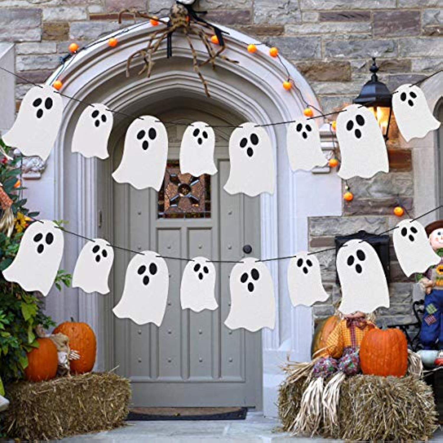 2 Pack White Glitter Halloween Ghost Garland Banner Indoor Haunted Mansion Decor