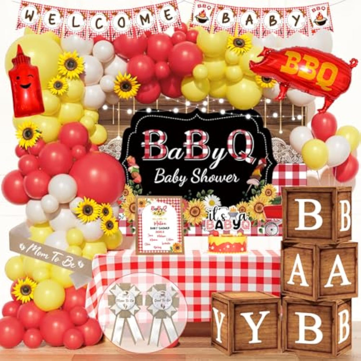Baby Q Baby Shower Decorations, 119 Pcs - Bbq Baby Shower Party Supplies With Babyque Backdrop, Balloon Garland, Cake Topper, Mom To Be Sash