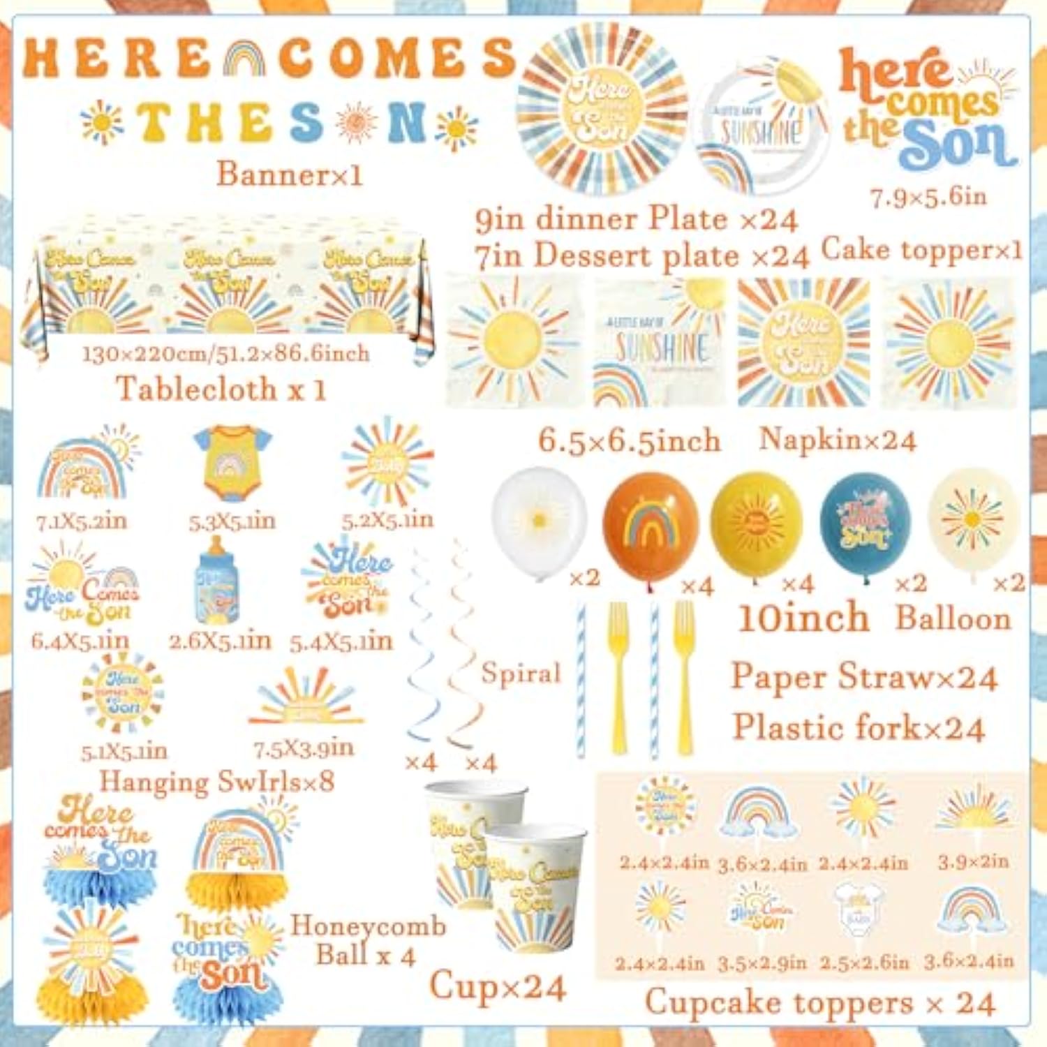 Here Comes The Son Baby Shower Tableware Decor For Boys,Boho Rainbow Sun Themed Party Decorations Disposable Banner,Tablecloth,Plates,Napkin,Balloon,Cupcake Topper,Serve 24
