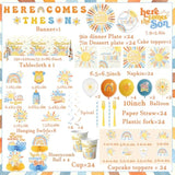 Here Comes The Son Baby Shower Tableware Decor For Boys,Boho Rainbow Sun Themed Party Decorations Disposable Banner,Tablecloth,Plates,Napkin,Balloon,Cupcake Topper,Serve 24