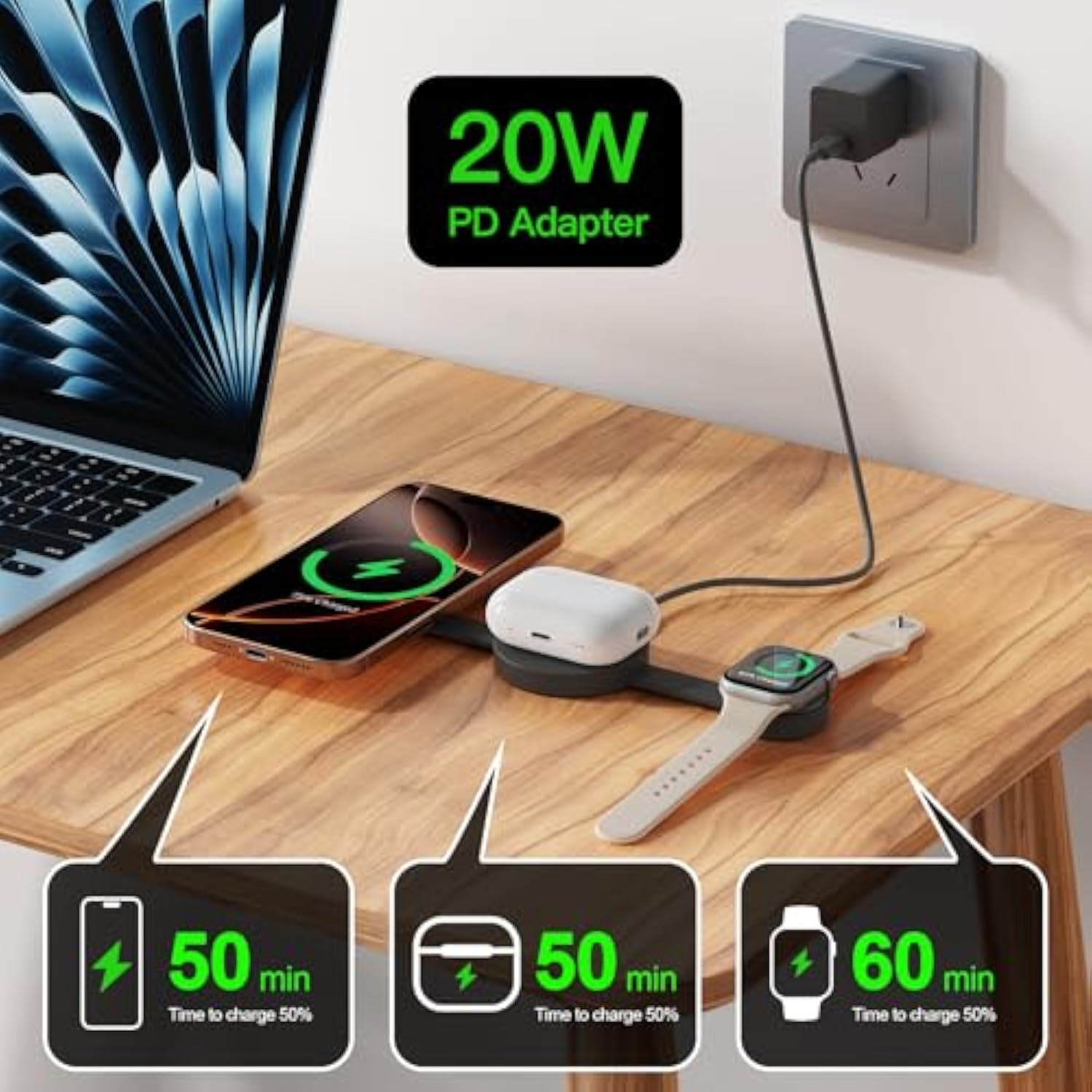 2025 Travel Magnetic Wireless Mag-Safe Maggo Ufo 3 In 1 Charging Station For Apple Multiple Devices - Fast Charger Iphone 16 15 14 13 12 Pro Max Plus, Charging Pad For Apple Watch Air Pods (Black)