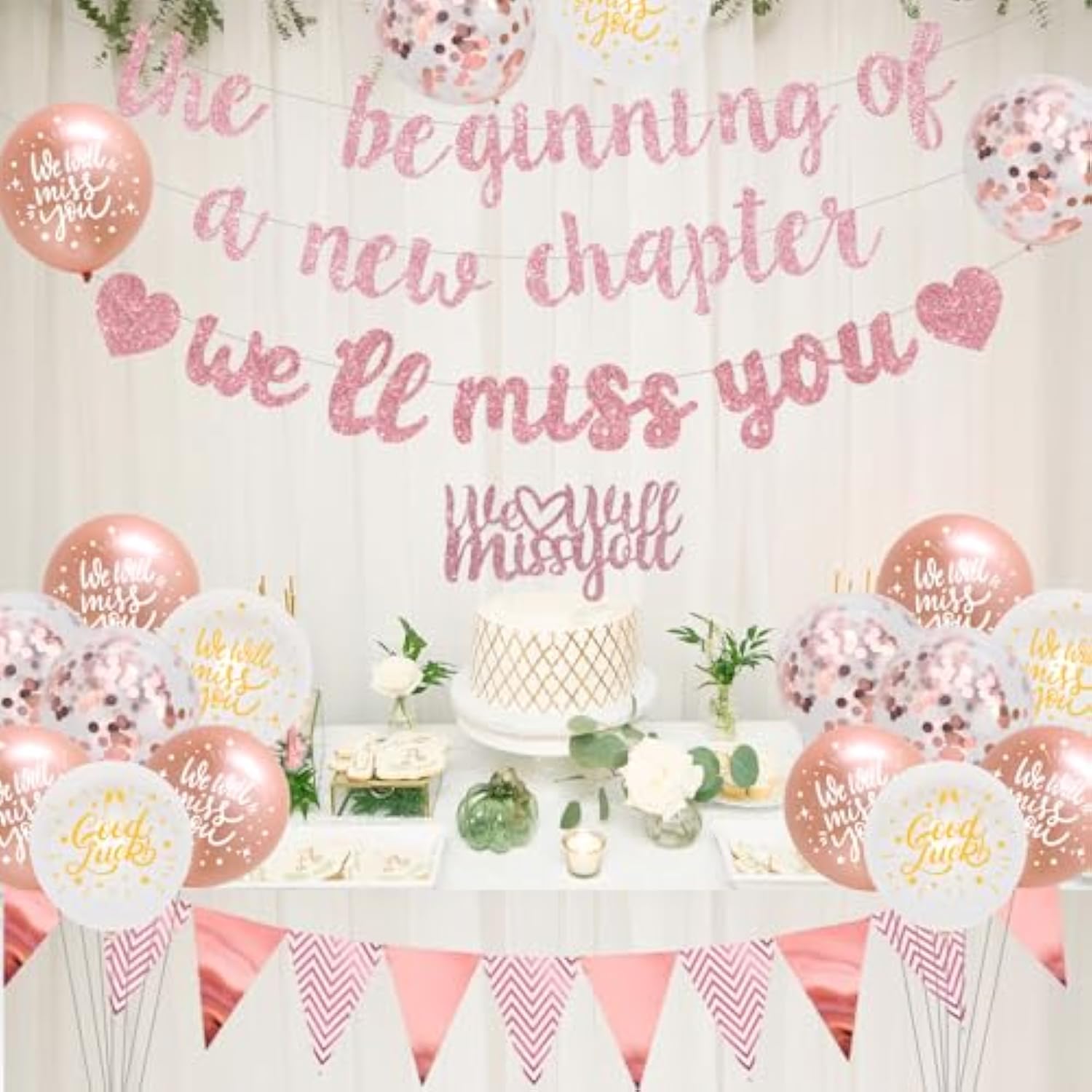 Farewell Party Decorations The Beginning Of A New Chapter Going Away We Will Miss You Theme Balloons Banner, Rose Gold Retirement Graduation Party Supplies For Women Girls