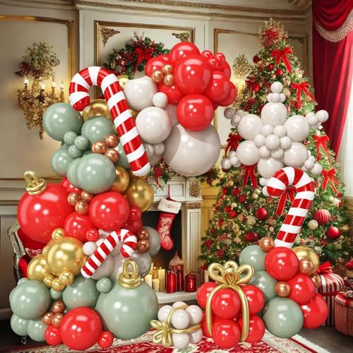 136Pcs Christmas Decorations Balloons Arch Kit Retro Green Red & Gold Xmas Balloons Garland with Candy Cane Foil Balloon Metallic Copper Long Gold Balloon for Snow Winter Holiday Party Supplies