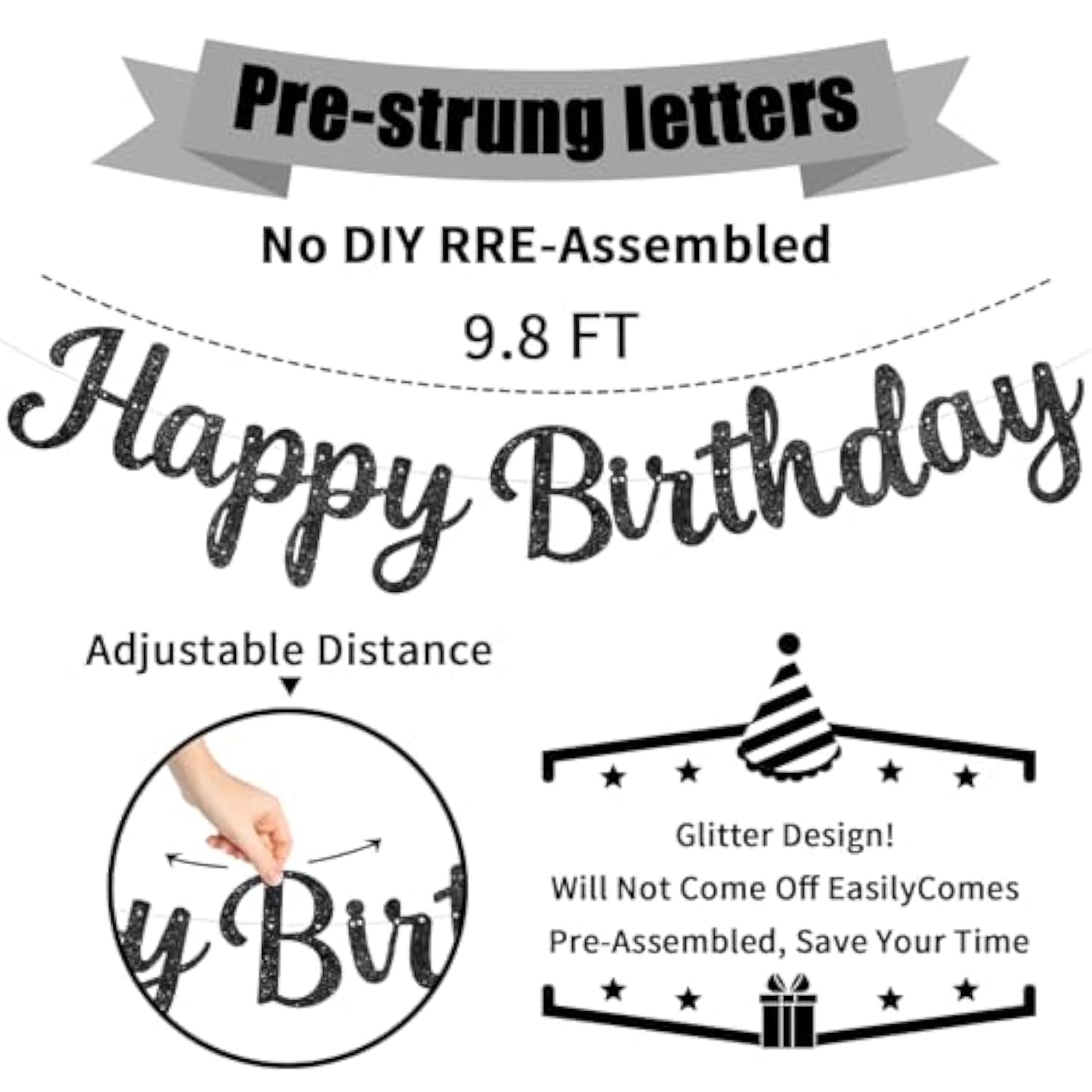 Black Glitter Happy Birthday Banner: Pre-Strung Party Garland