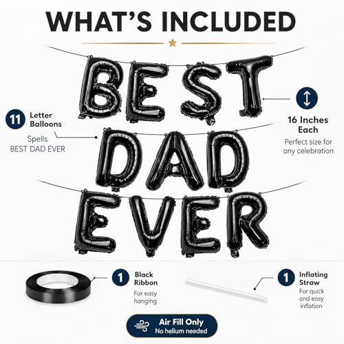 16 Inches Best Dad Ever Balloons Hanging Banner Decorations, Black Aluminum Foil Letter Balloons for Father’s Day, Birthday, Baby Shower, and Daddy-to-Be Party Supplies