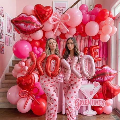 Sweetest day decorations with balloon garland arch & bow tie balloons Heart love XXOO Foil Balloons for her Valentines Day Romantic Special Night Engagements Proposals gals Galentines decorations