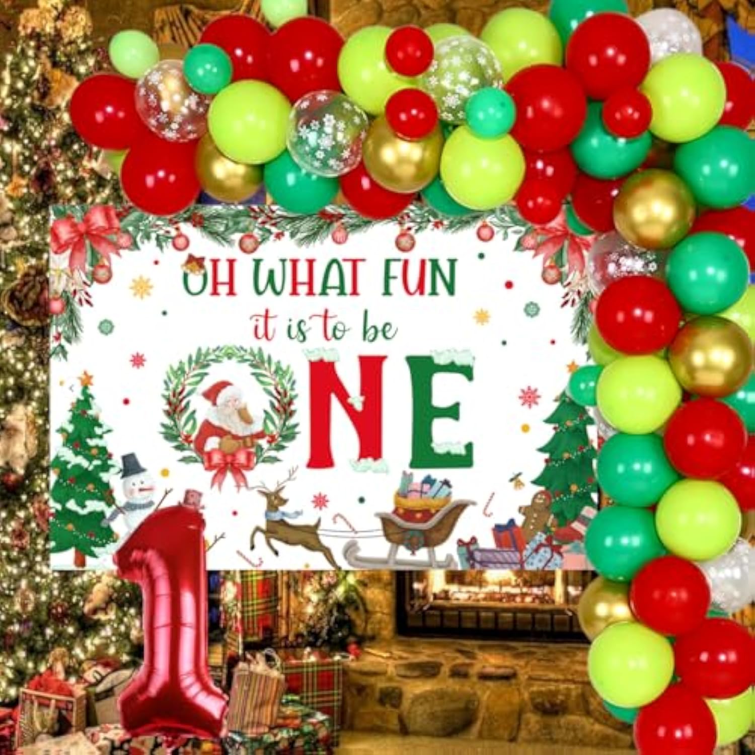 Christmas First Birthday Party Decorations, Xmas Balloon Garland Arch Kit With Oh What Fun It Is To Be One Backdrop For Boys Or Girls Winter Holiday 1St Birthday Party Supplies