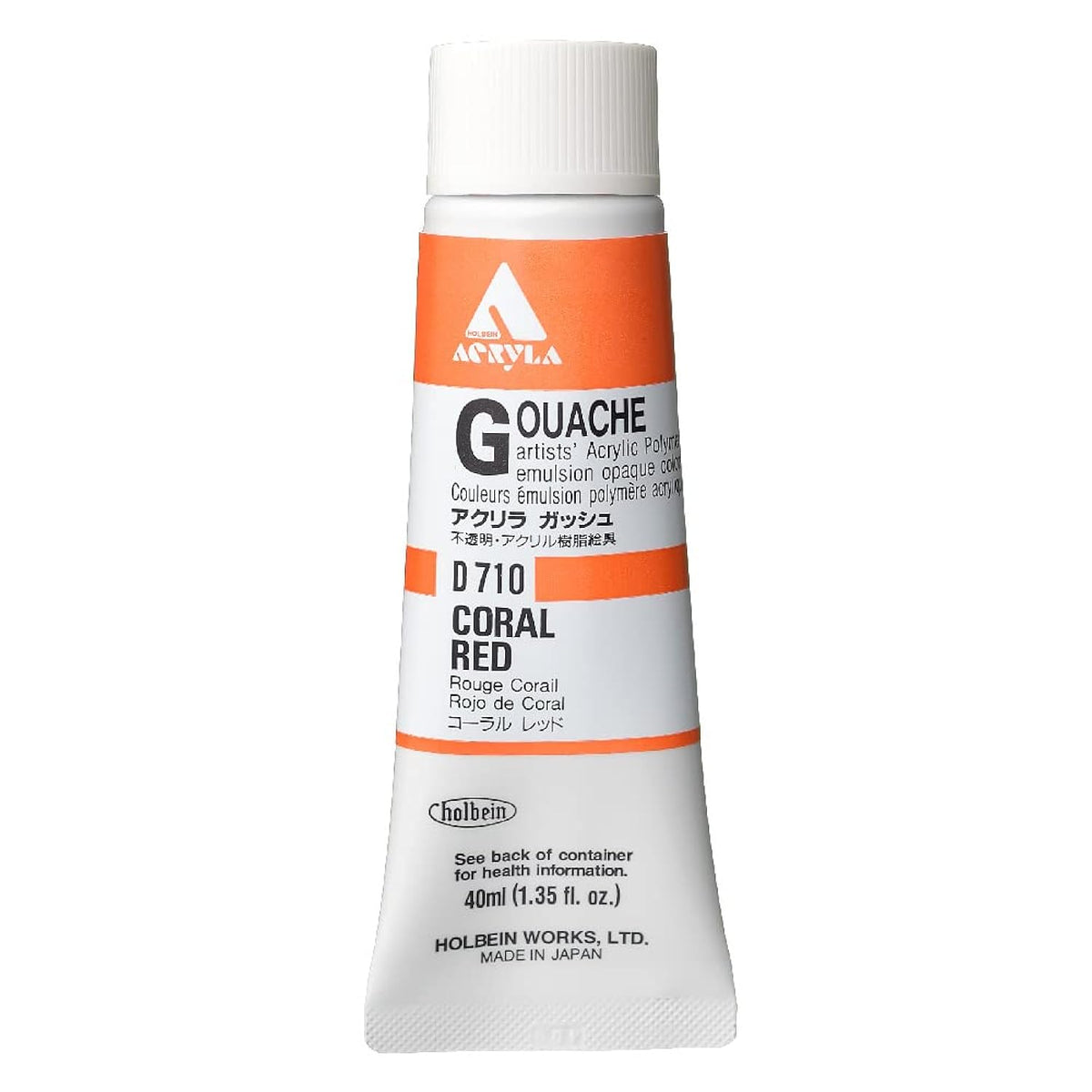 Holbein Acrylic Gouache Artists Acrylic Polymer Emulsion, 40ml Coral Red (D710A)