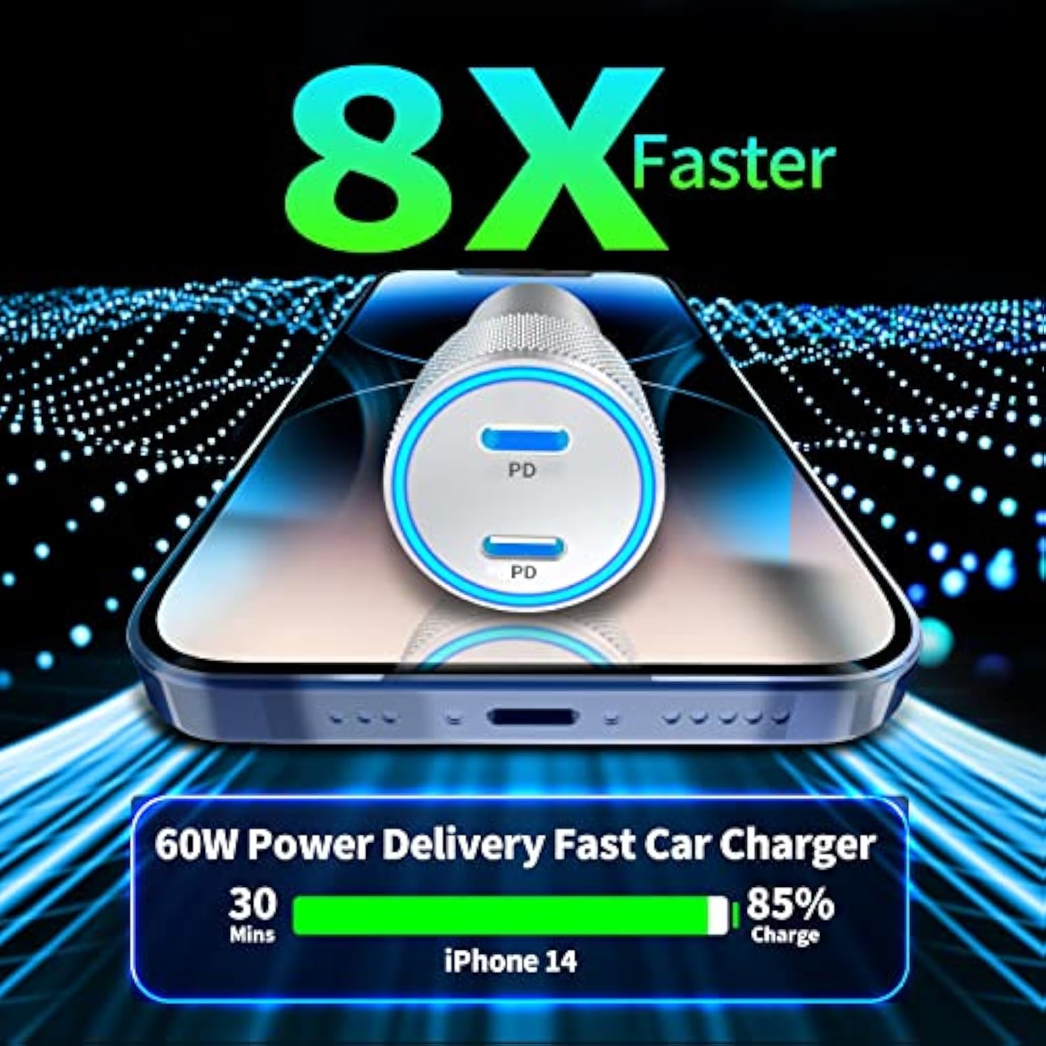 [Apple Mfi Certified] Iphone Car Charger, 60W Dual Pd Usb-C Poewr Cigarette Lighter Usb-C Car Carplay Fast Charger + 2Pack Type-C To Lightning Cable For Iphone 14 13 12 11 Pro Xs Xr X Se Ipad