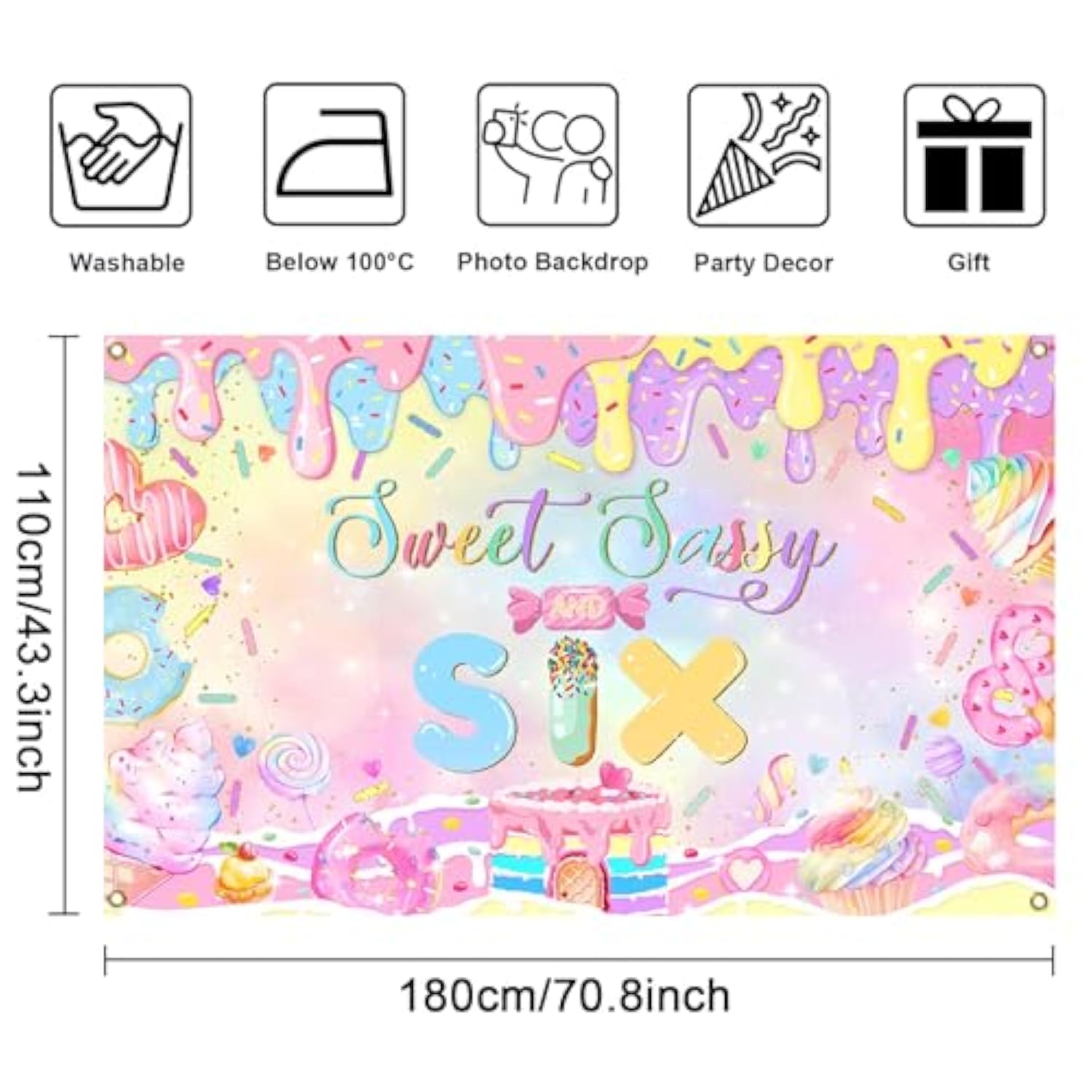 Donut 6th Birthday Backdrop Sweet Sassy Six Banner for Girls Party (Pink)