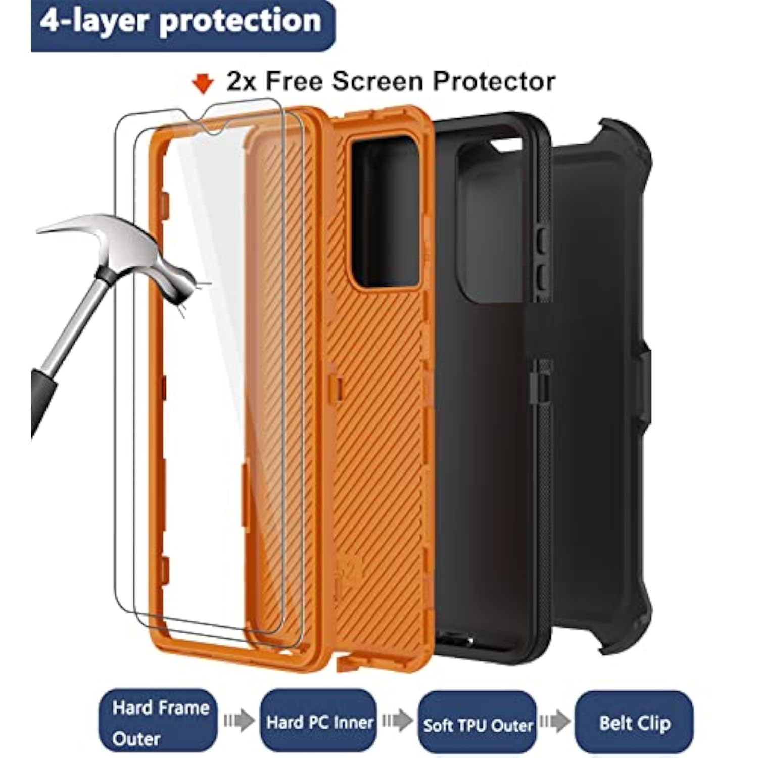 For Samsung Galaxy A32 5G Case With Belt Clip Holster, 2X Screen Protector, Heavy Duty Military Grade Full Body Shockproof Dust-Proof Rugged Protective Cover For Samsung A32 5G Orange