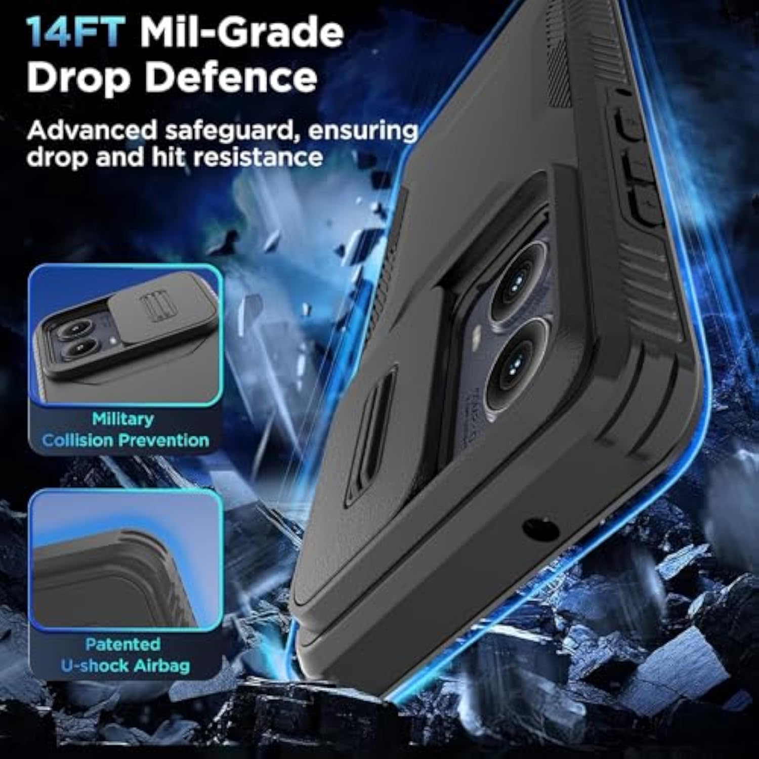 Motorola Moto Edge 2024 Heavy Duty Rugged Shockproof Protective Case with HD Screen Protector and Slide Camera Cover, Dark Black