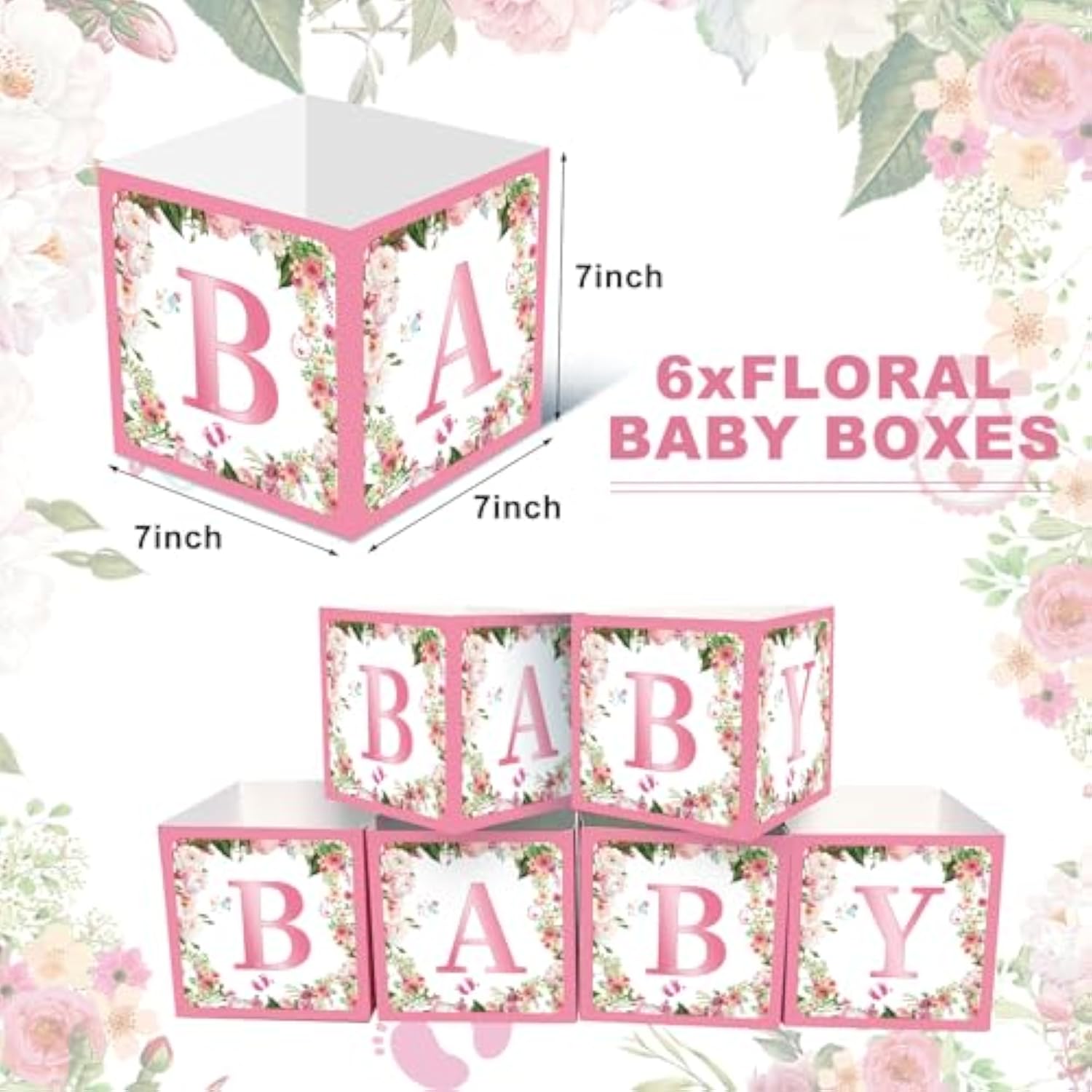 6 Pack 7X7X7 Inches Pink Floral Baby Shower Centerpiece Boxes With 'Baby' Letters, Perfect For Girl Baby Shower, Gender Reveal Party Favors, Flower Arrangements, And Table Decorations