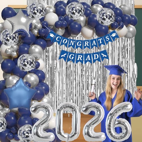 Blue Graduation Decorations-Navy 2025 Graduat-ion Balloon Arch Kit Graduation Decorations Class Of 2025 With Blue Silver Balloons, Banner, 2025 Balloon,Fringe Backdrop