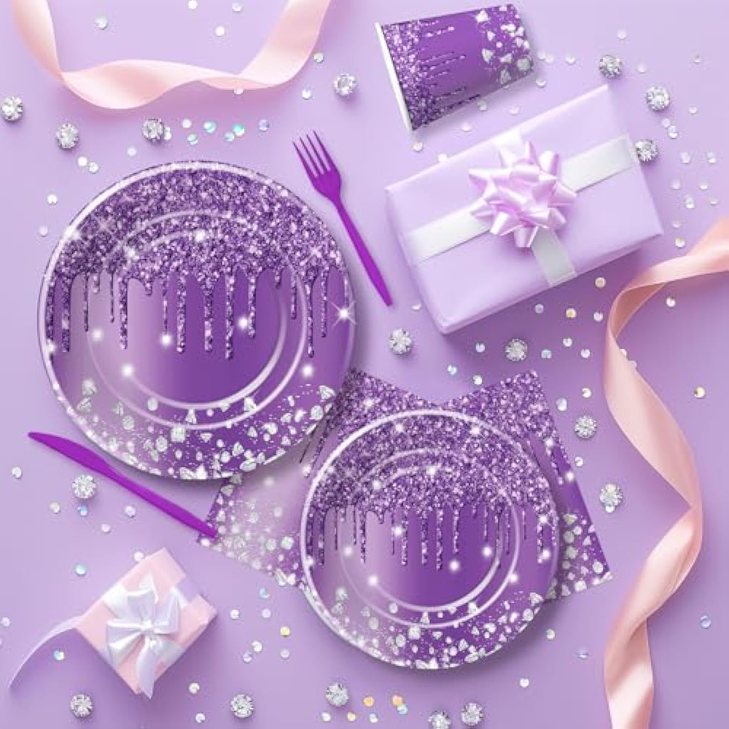 Purple Plates And Napkins Party Supplies - Decorations Tableware, Paper Plate, Napkin, Cup, Disposable Cutlery, Glitter Bridal Shower Birthday Table Decorations | Serve 24