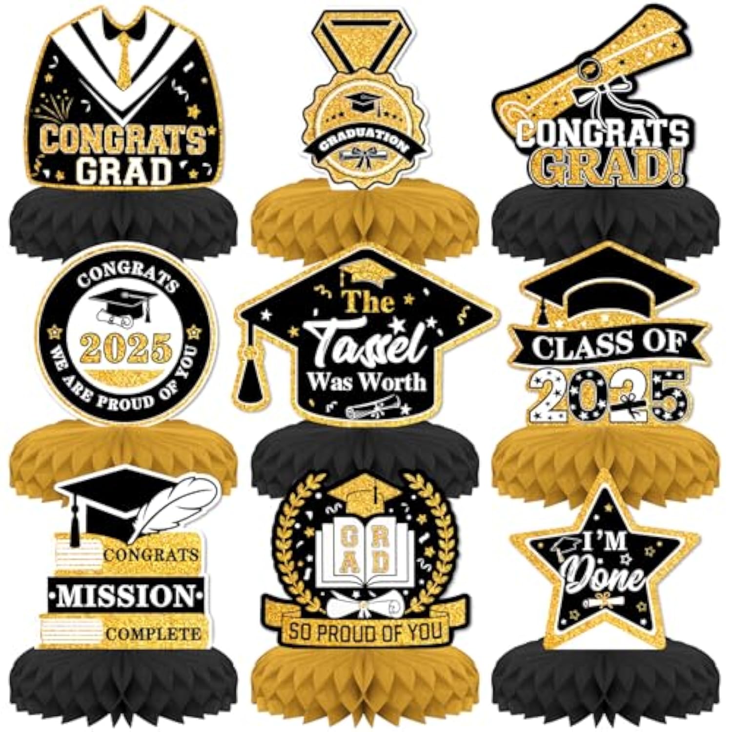 9 Pcs Graduation Party Decorations, Graduation Honeycomb Centerpieces For Tables Centerpieces 3D Graduation Theme Party Decor Supplies