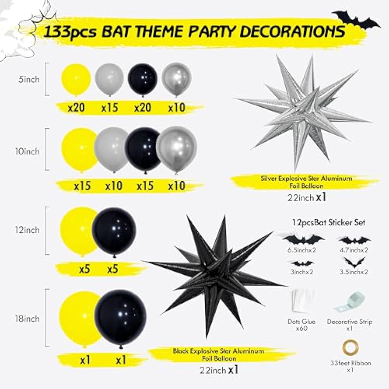 Bat-Themed Balloon Garland Kit – 133PCS Black, Yellow & Silver for Birthday or Baby Shower