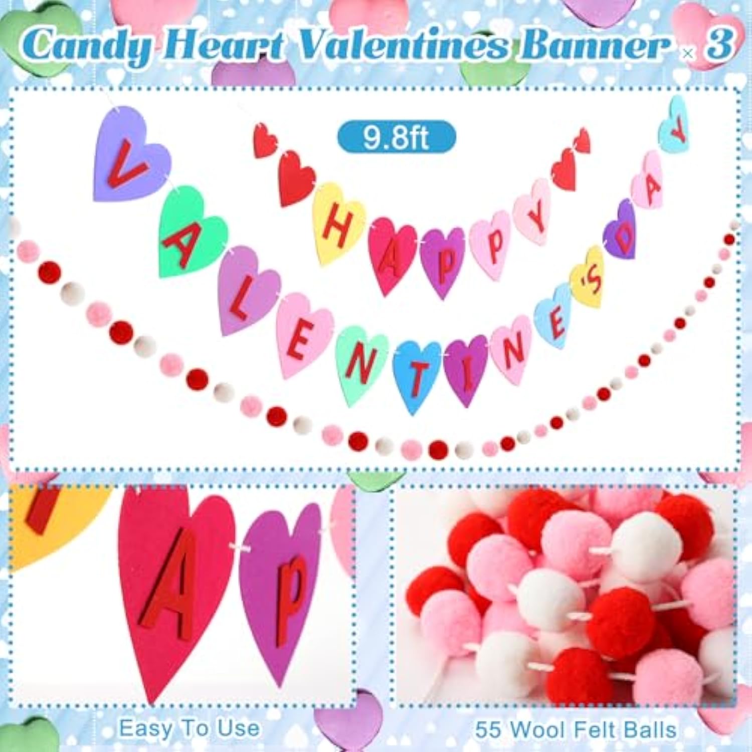 3 Pcs Happy Valentine'S Day Felt Candy Heart Bannerfelt Ball Pom Pom Garlands Wool Felt Hearts Garlands Pastel Candy Hanging Decor For Home Fireplace Window Walls Decor,9.8Ft