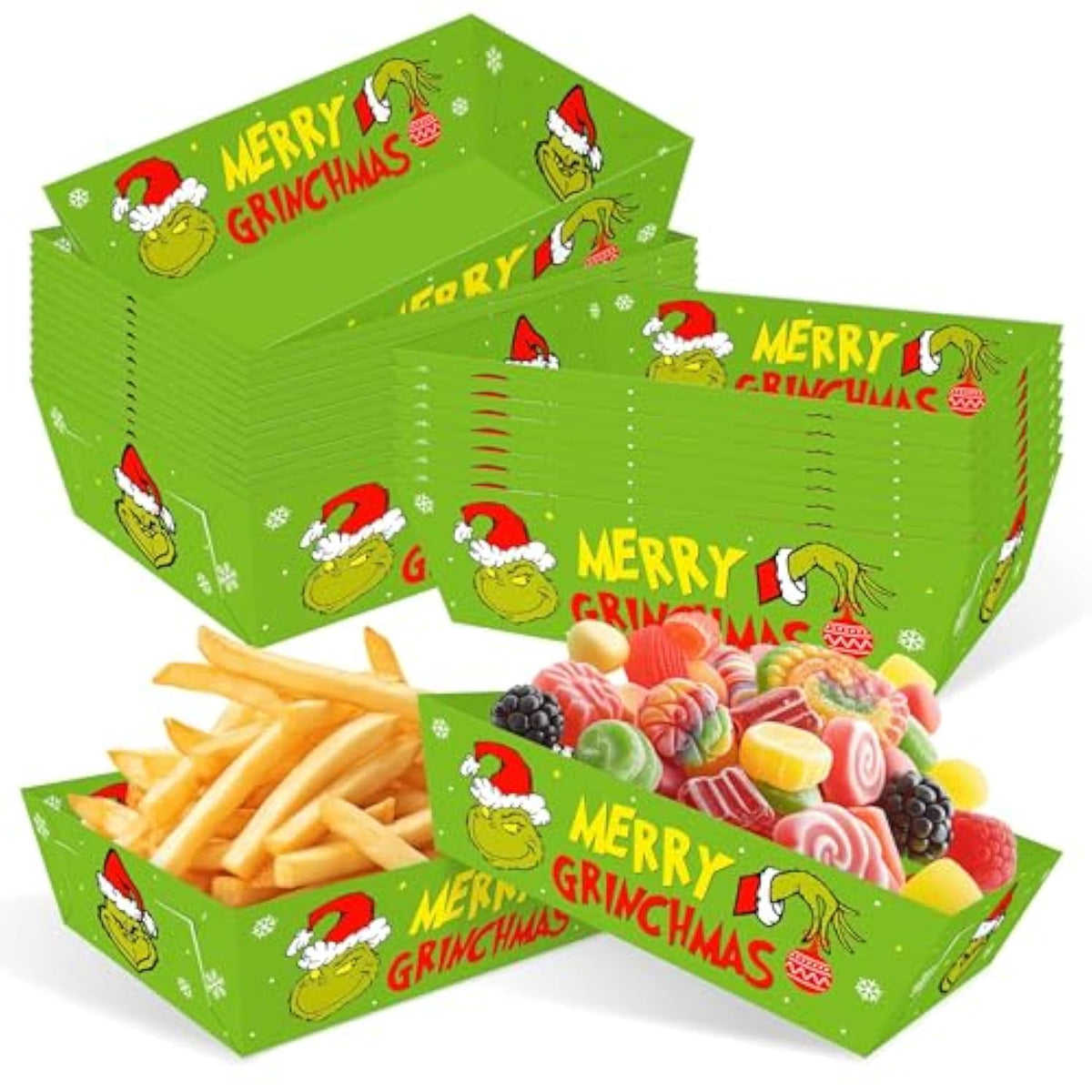 24Pcs Whoville Christmas Food Trays Welcome To Whoville Birthday Party Supplies For Popcorn Nachos Fries Corn Snack Trays Novelty Christmas Party Decorations Disposable Paper Food Trays