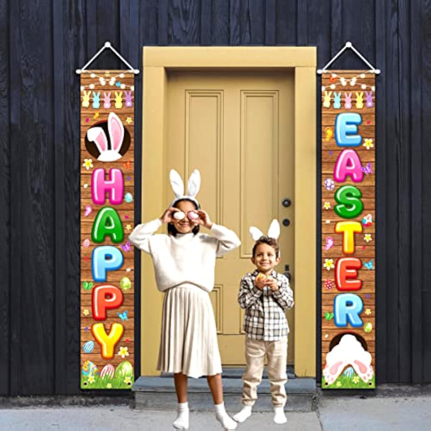 Easter Party Supplies-Happy Easter Porch Sign Banner,2Pcs Happy Easter Front Door Hanging Welcome Banner For Spring Theme Easter Bunny Door Decoration