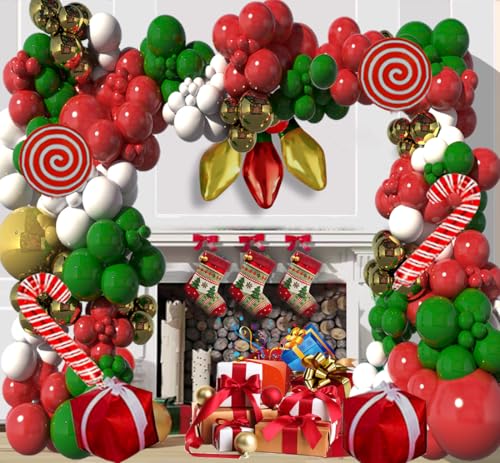 Christmas Balloon Arch Kit - 152 Pcs Red Green Gold Balloon Garland Decor with Candy Cane, Red Star Big Foil for Christma, Birthday, New Year Party Decorations