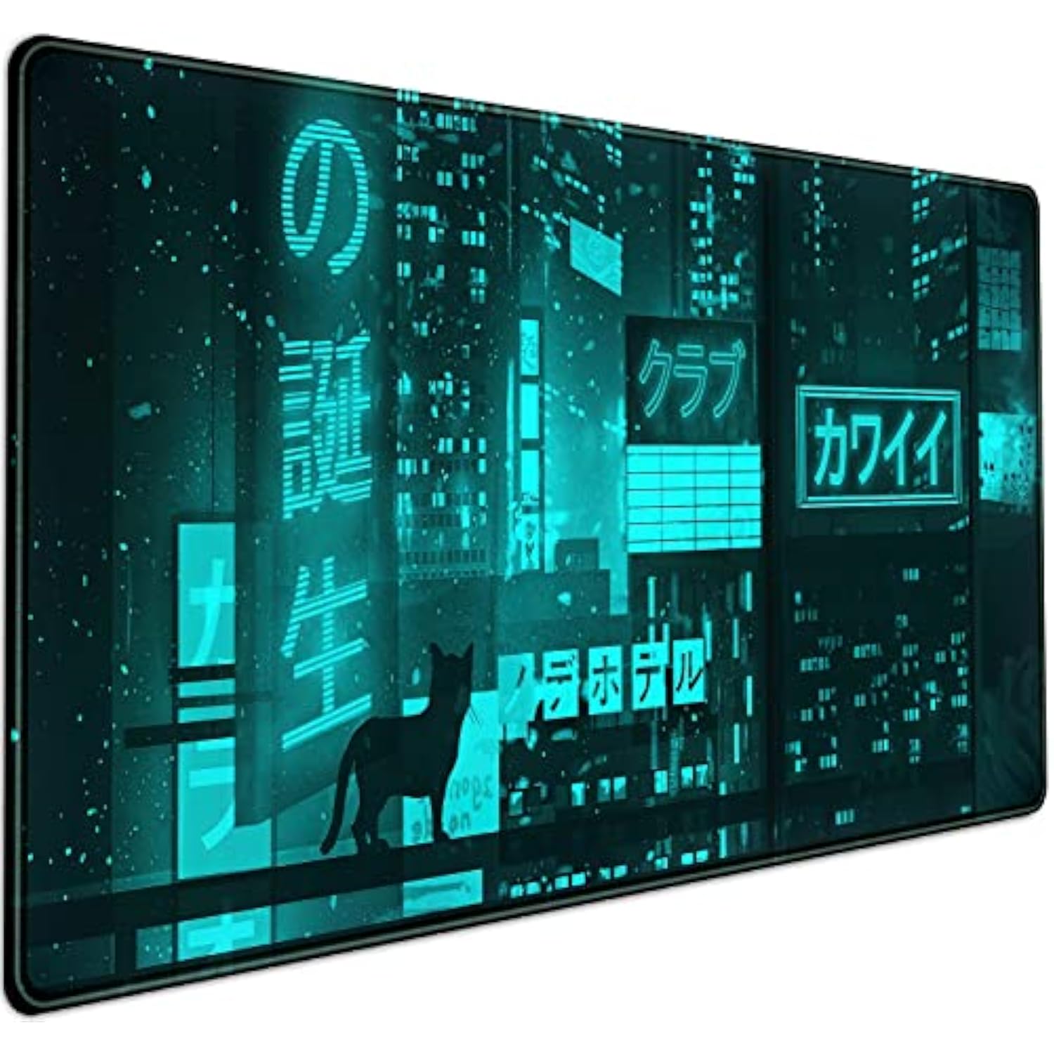 Cyan Green Japanese Desk Mat, Neon Tokyo Extended Mouse Pad Anime Cat Desk Pad, Gaming Mousepad Xxl, Large Keyboard Mat For Gamers, Cool Computer Mat For Desk With Stitched Edges 31.5X15.7 In