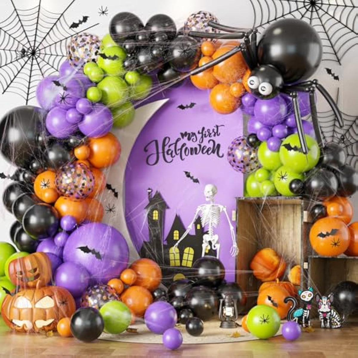 131Pc Halloween Balloon Arch Kit – Black Orange Green Purple with Spider Web