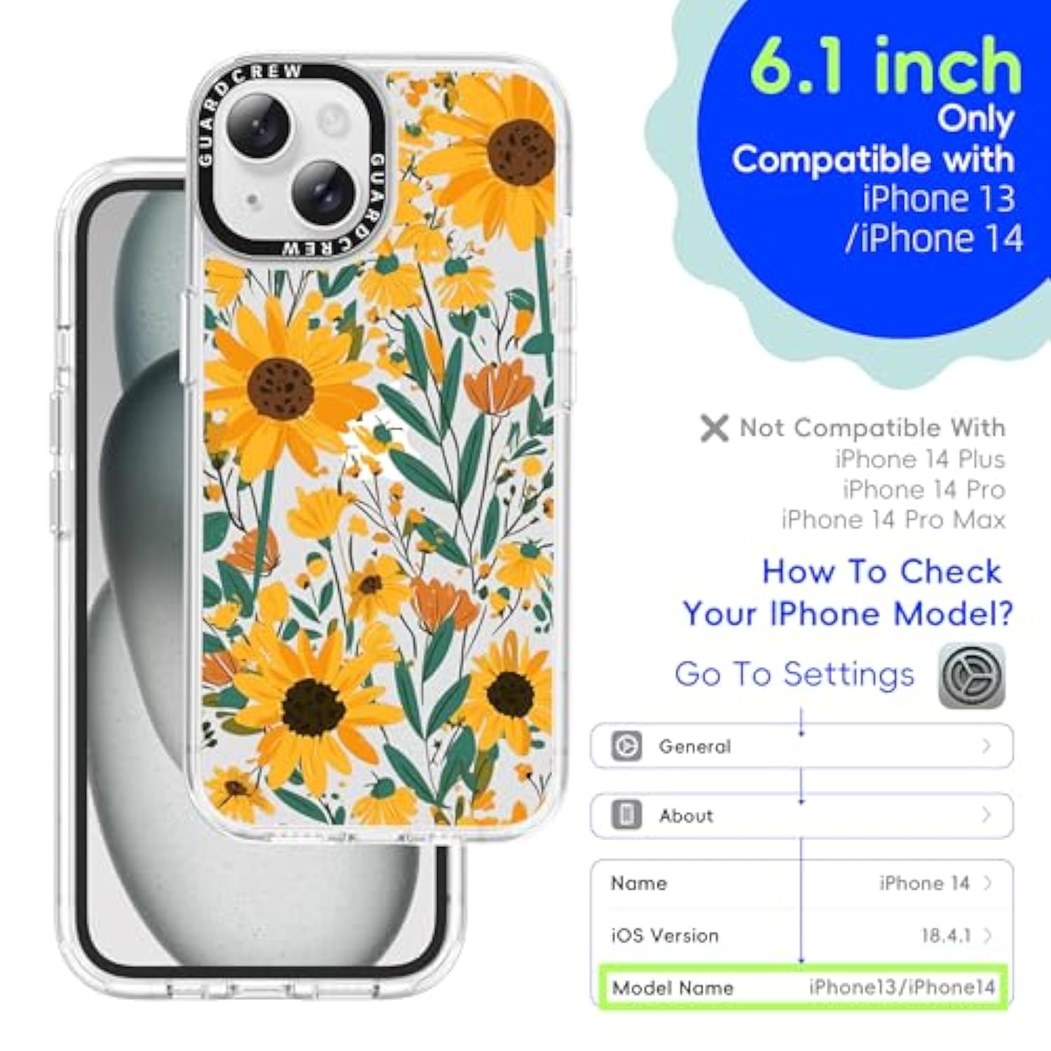 For Iphone 14 Case, [Crashproof 11Ft Military-Grade Drop Protection] [Anti-Yellowing & Anti-Peel] Clear Shockproof Tpu Bumper Slim Phone Case For Iphone 14 Cover Case-Sunflowers