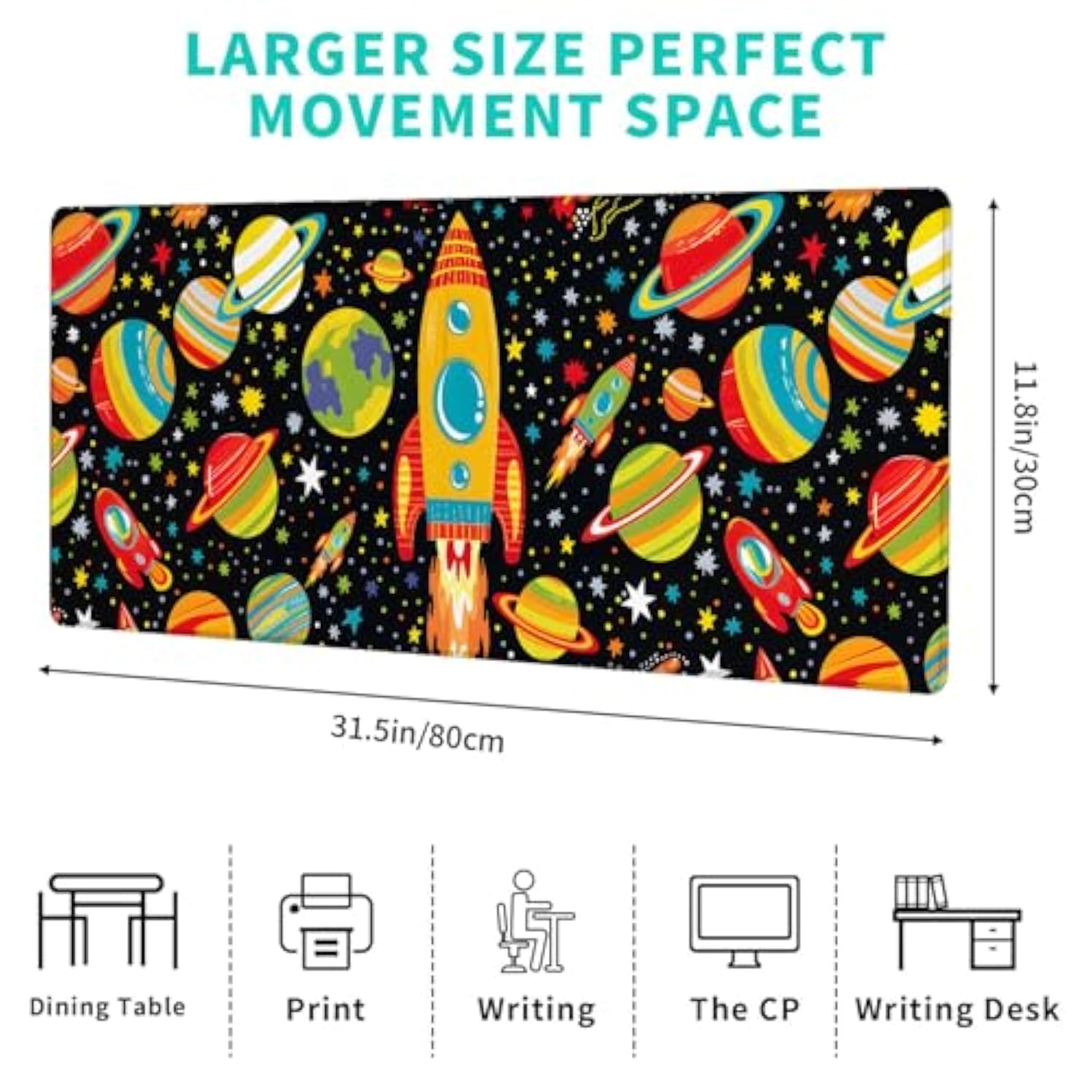 Cool Space Gaming Mouse Pad,12X31.5In Non-Slip Rubber Cosmic Desk Mat,Large Extended Mousepad For Office Home Laptop,Mice Pads Gifts,Game Lover Deskmat Decor (Colorful Rocket And Planet)