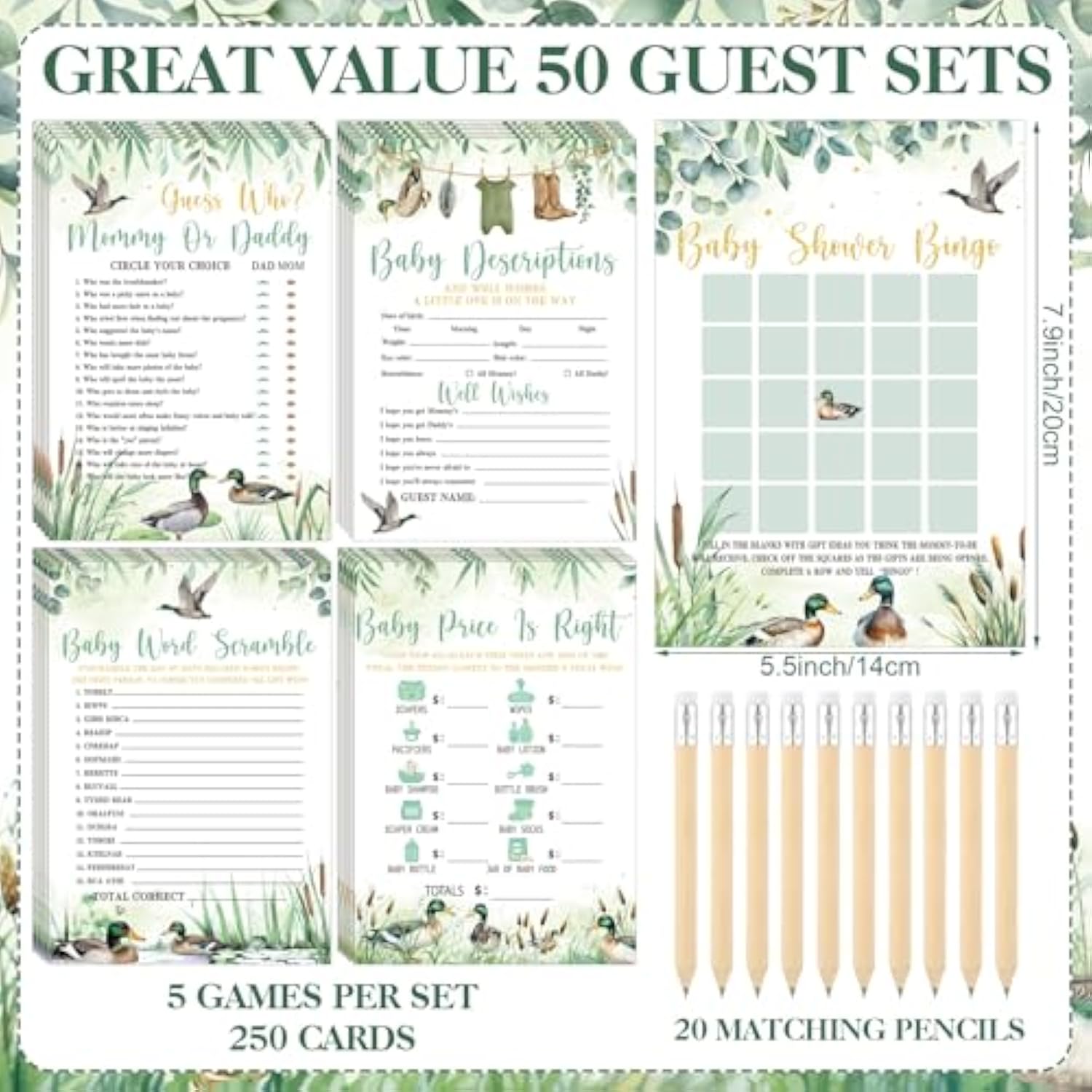 321 Pcs Baby Shower Games Supplies, 5 Sets (50 Cards Each) Activities Cards With 20 Pencils 1 Don'T Say Baby Sign 50 Clothespin(Mallard Duck)
