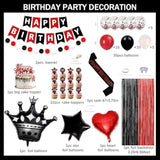 Red And Black Birthday Decorations For Women,Fringe Curtains Happy Birthday Banner,Red Balloons,Cake Toppers For Girls