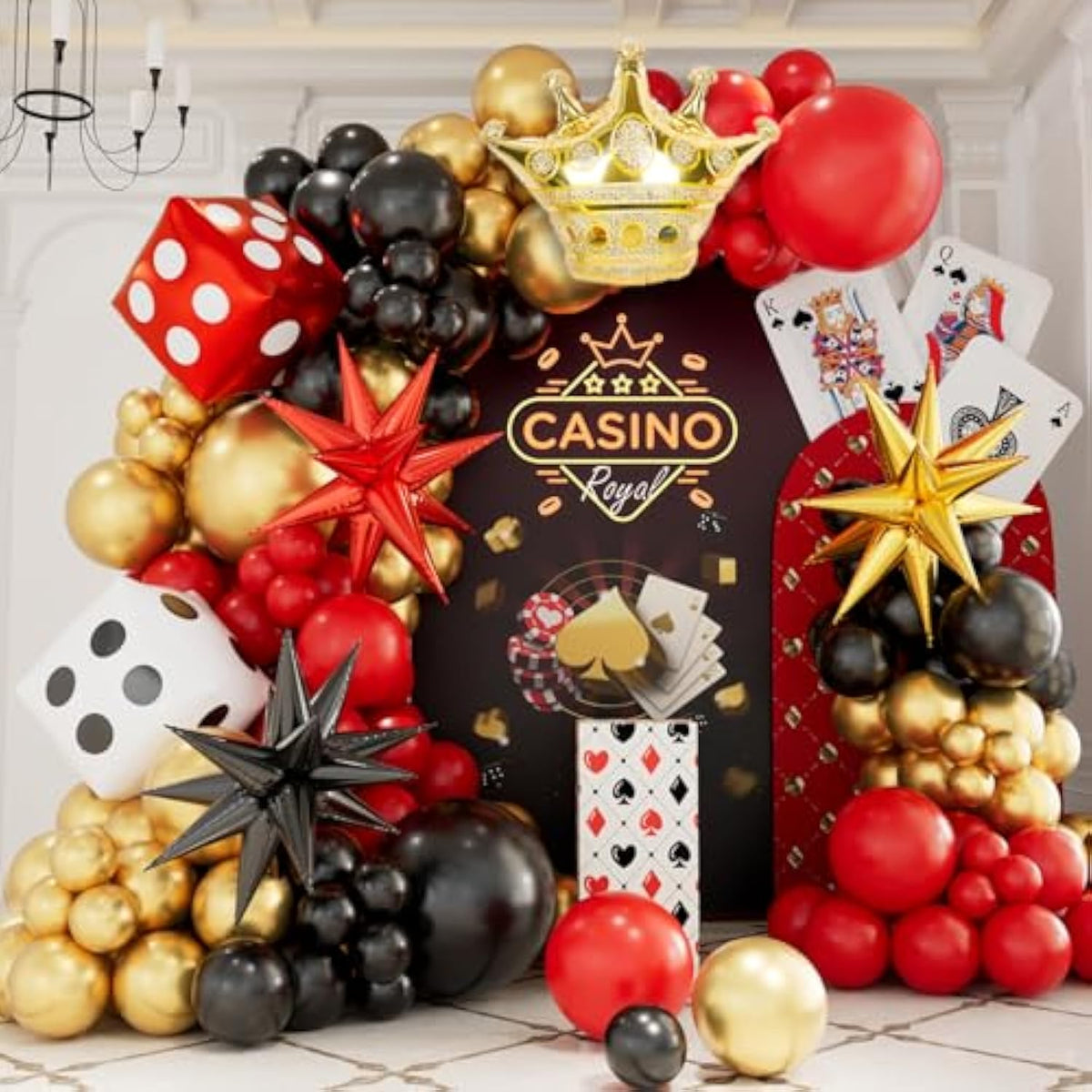 138 Pcs Casino Theme Balloon Garland Arch Kit - Red Black And Gold Balloons With Star Crown Dice Foil Balloons For Casino Night Las Vegas Birthday Party Decorations