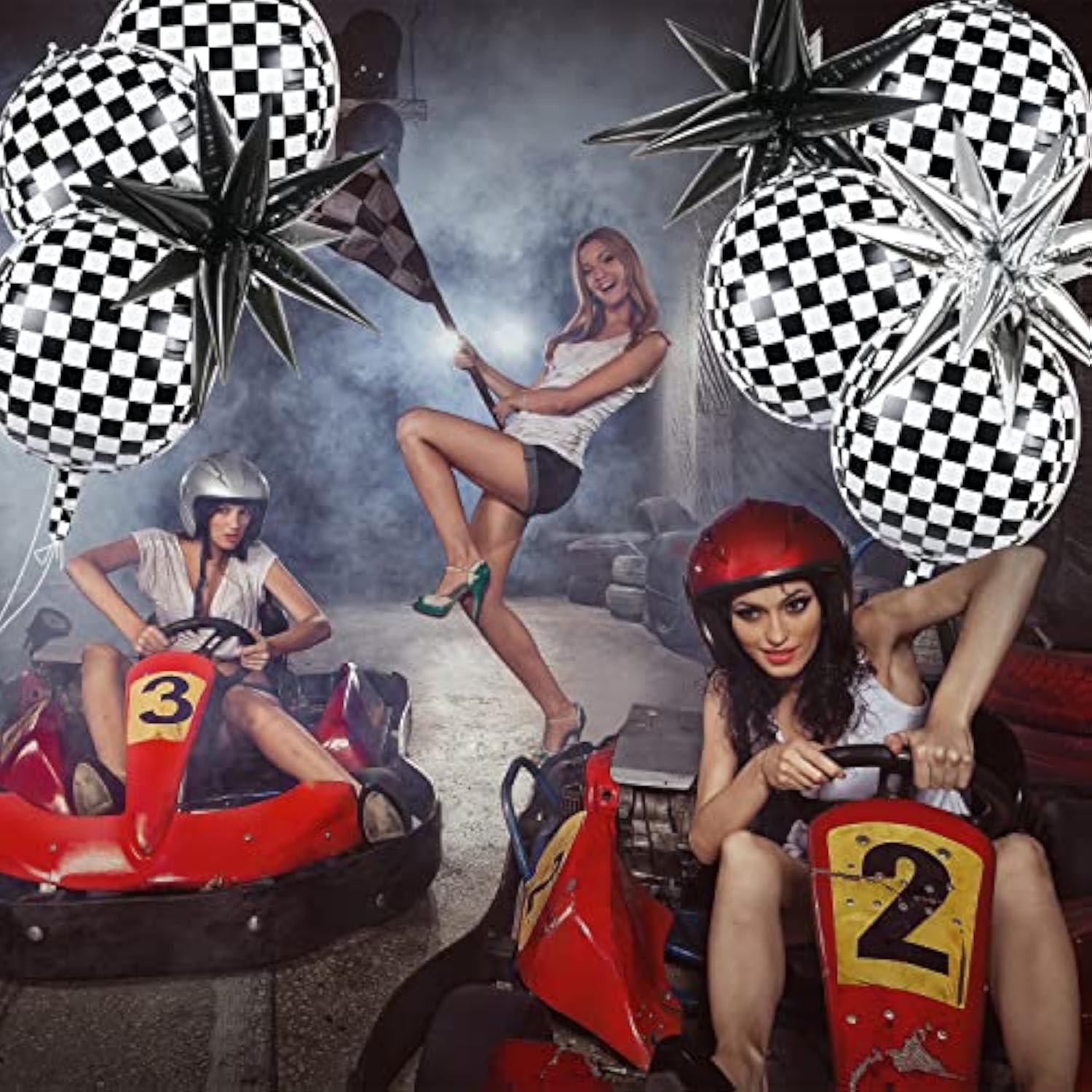 6 Pcs Race Car Checkered Balloons 3 Pcs Explosion Pointed Star Foil Balloons For Racing Party Decorations, 22'' Jumbo Sphere 4D Black And White Checkered Flag Mylar Balloons For Birthday Party