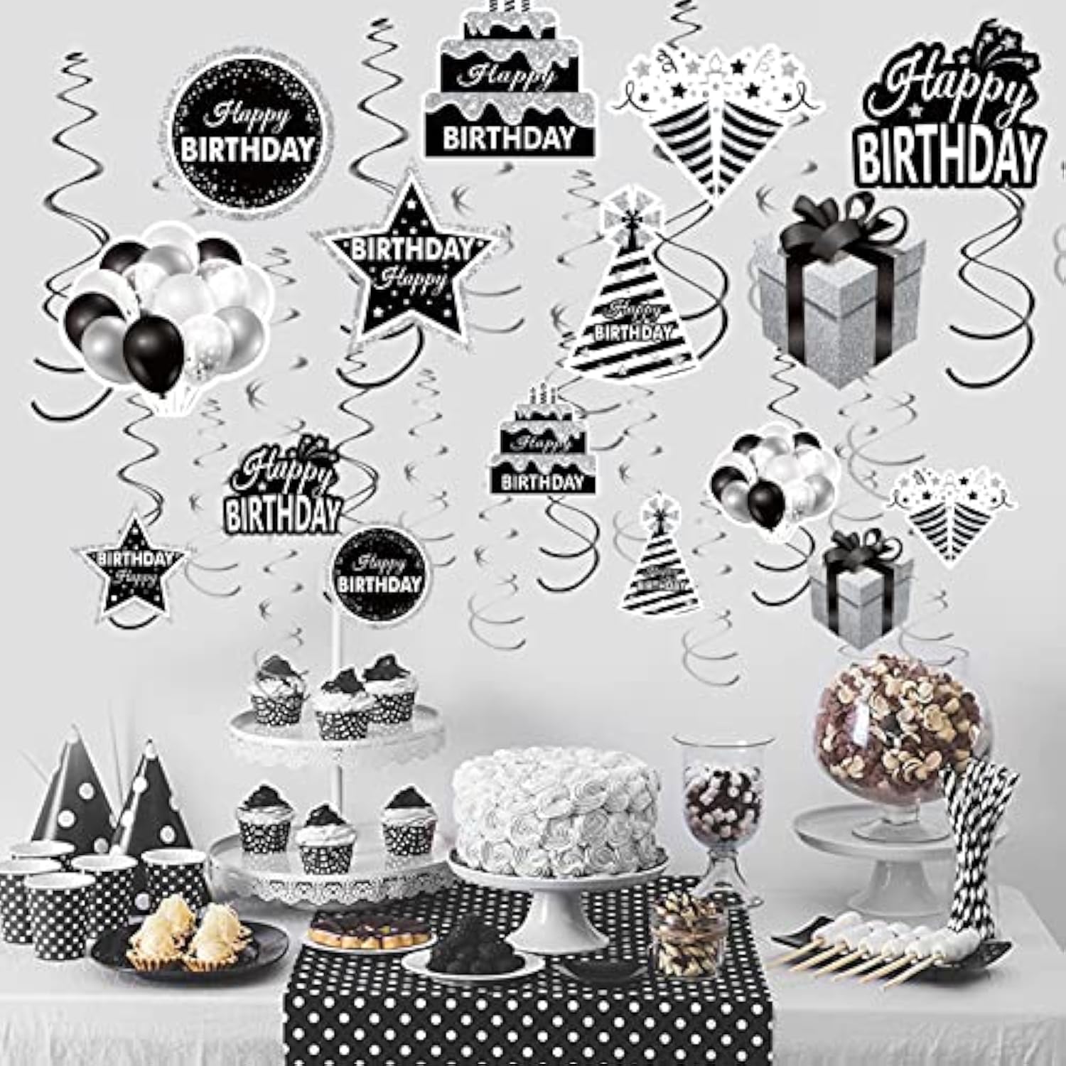 16PCS Black White Silver Birthday Swirls – Ceiling Hanging Party Decor set