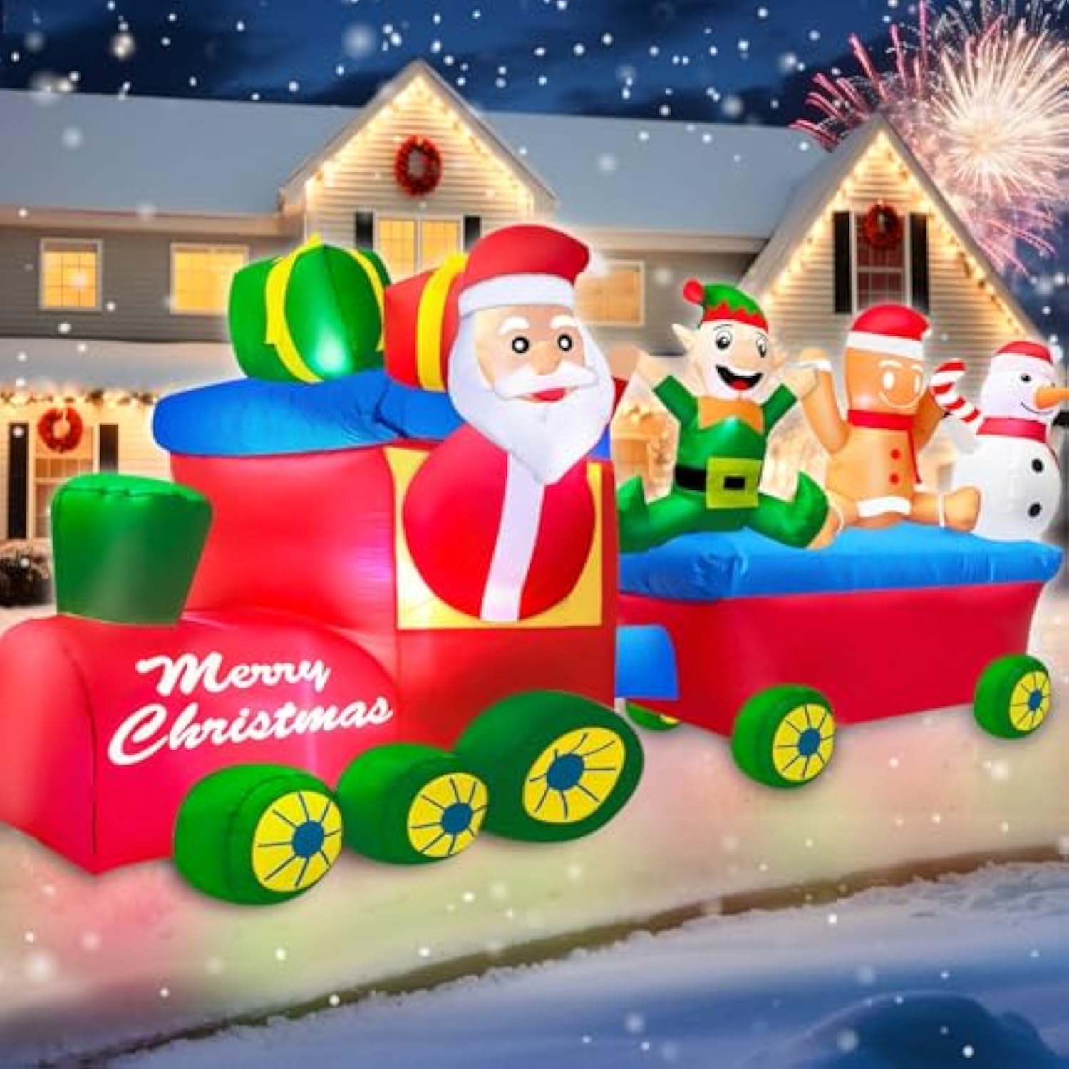 8 Ft Long 4.5 Ft Tall Christmas Train Inflatable Outdoor Yard Decoration, Blow Up Santa Claus Driving Train With Snowman