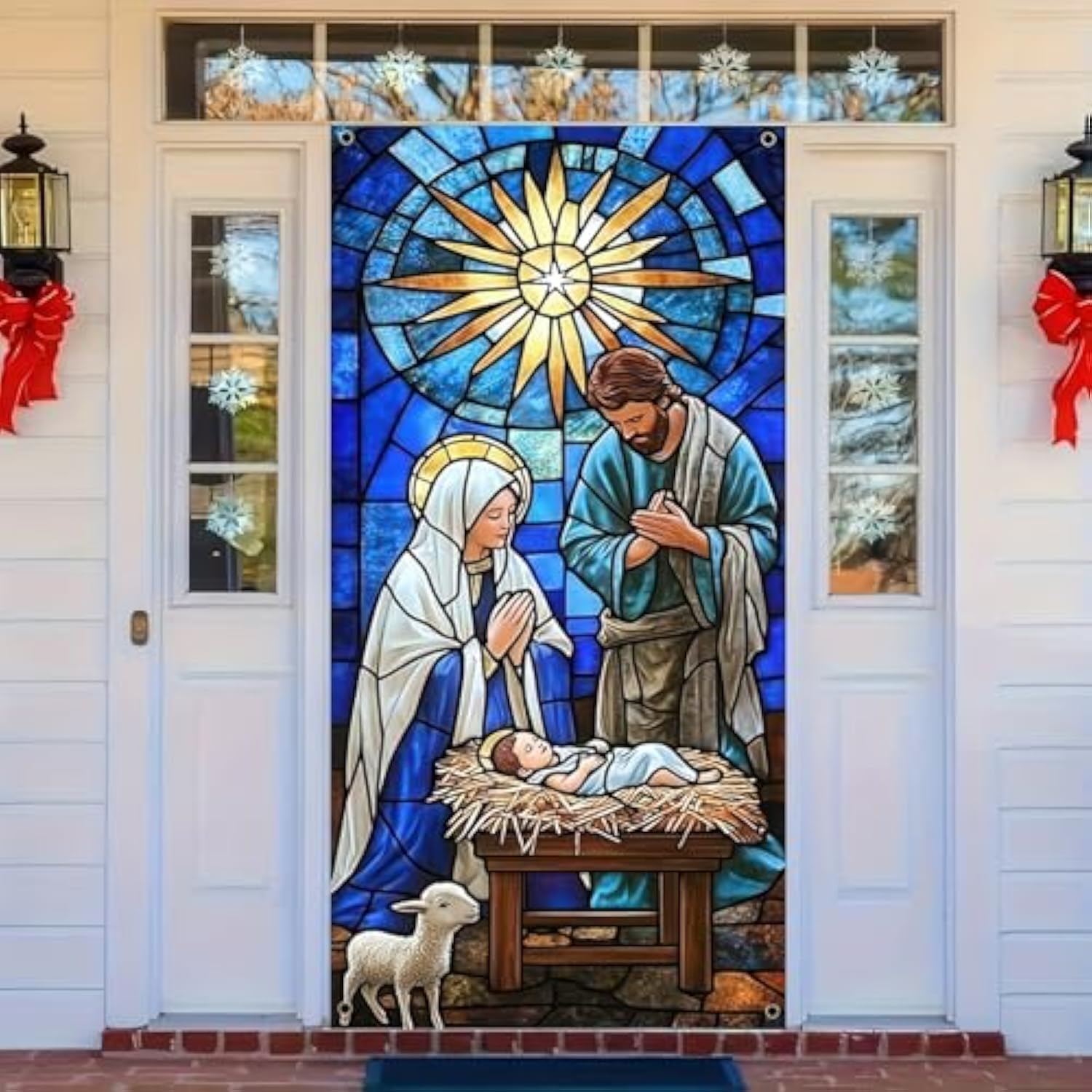 Nativity Scene Christmas Door Cover Hanging Banner Background Religious The Nativity Of Jesus Backdrop Photography Background Front Door Porch Hanging Cover Door Cover Banner 35 X 71 Inch