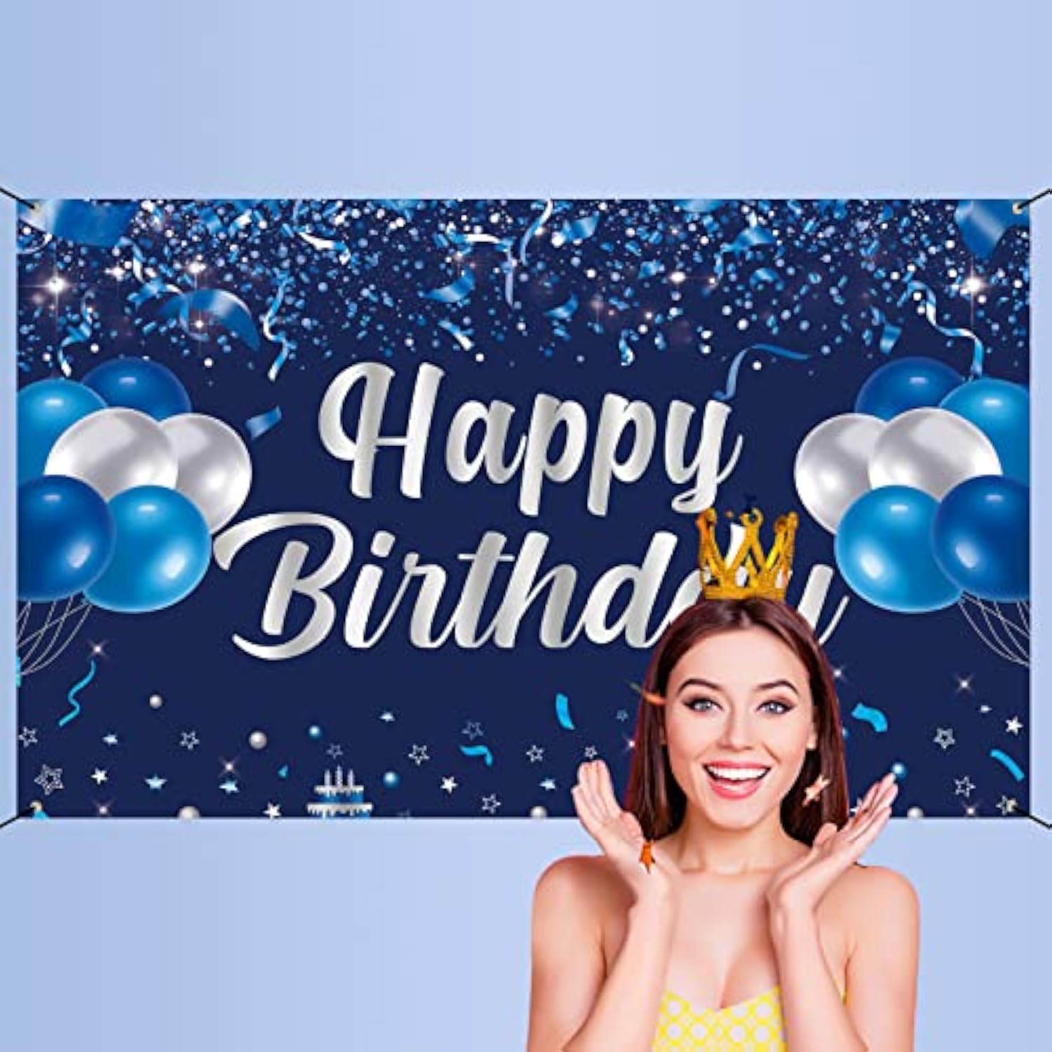 Happy Birthday Banner, Blue & Silver Birthday Party Decorations, Party Supplies For Men, Women & Kids, Photo Background Banner Decor For Indoor & Outdoor