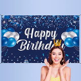 Happy Birthday Banner, Blue & Silver Birthday Party Decorations, Party Supplies For Men, Women & Kids, Photo Background Banner Decor For Indoor & Outdoor
