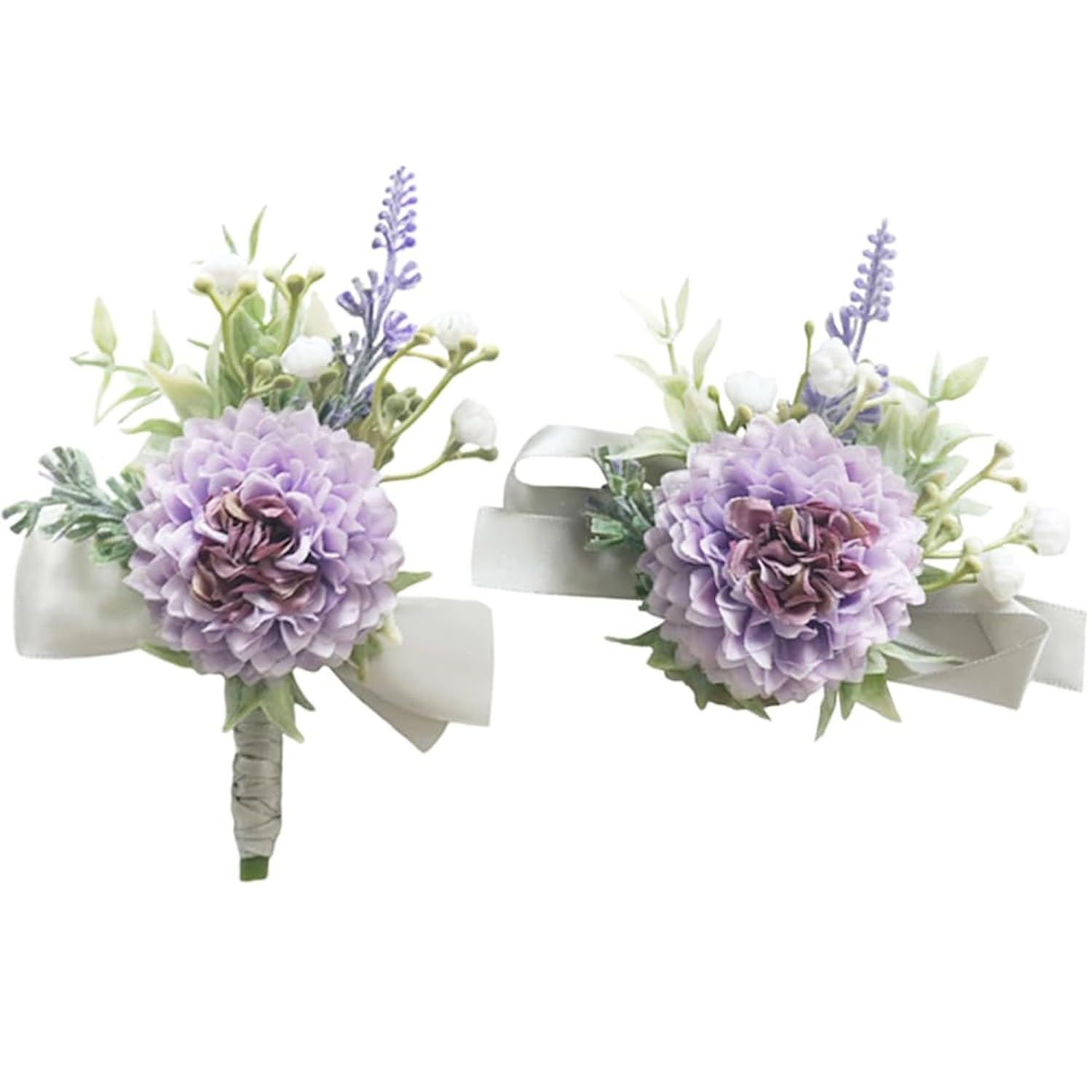 2 Pieces Artificial Wrist Corsage And Boutonniere Set, Groom Groomsmen Bride Bridesmaids Wedding Flowers Accessories Prom Party Suit Decorations - Pale Purple