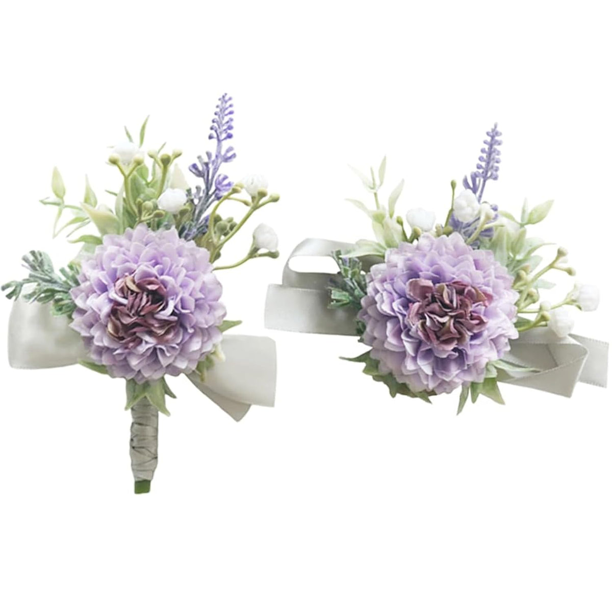 2 Pieces Artificial Wrist Corsage And Boutonniere Set, Groom Groomsmen Bride Bridesmaids Wedding Flowers Accessories Prom Party Suit Decorations - Pale Purple