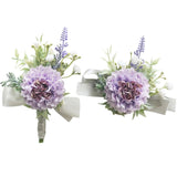 2 Pieces Artificial Wrist Corsage And Boutonniere Set, Groom Groomsmen Bride Bridesmaids Wedding Flowers Accessories Prom Party Suit Decorations - Pale Purple