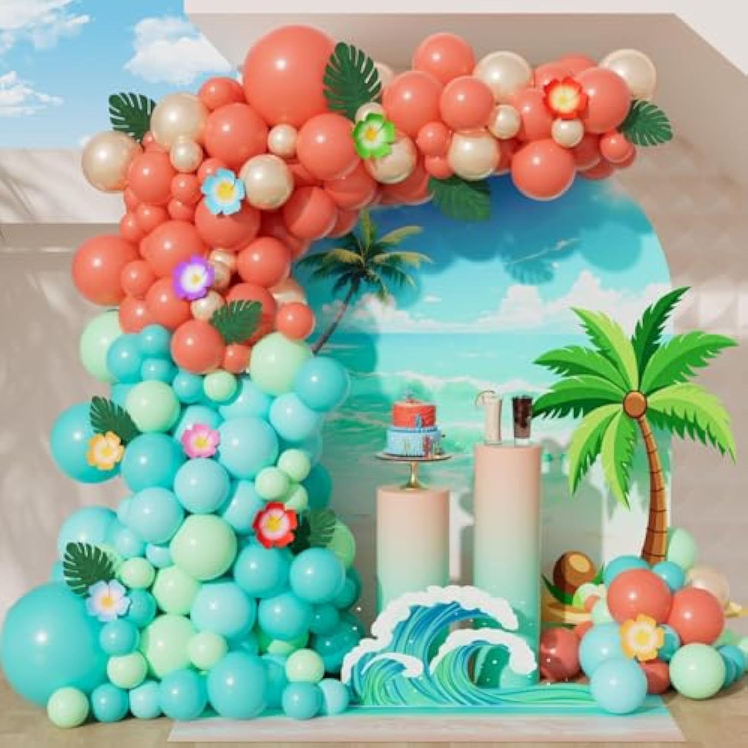 151Pcs Tropical Balloon Arch Kit, Coral Red Teal Pastel Green Blue Pearl Gold Balloons For Tropical Hawaiian Luau Baby Shower Birthday Party Decorations