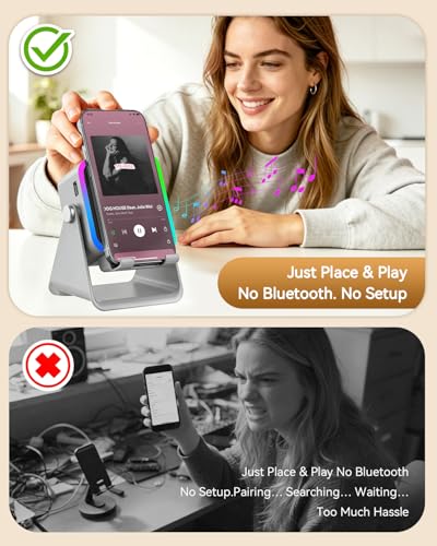 Induction Speaker with Phone Stand, Place & Play, 5-in-1 Wireless Bluetooth Speaker with RGB Light, Adjustable Desk Phone Holder with Emergency